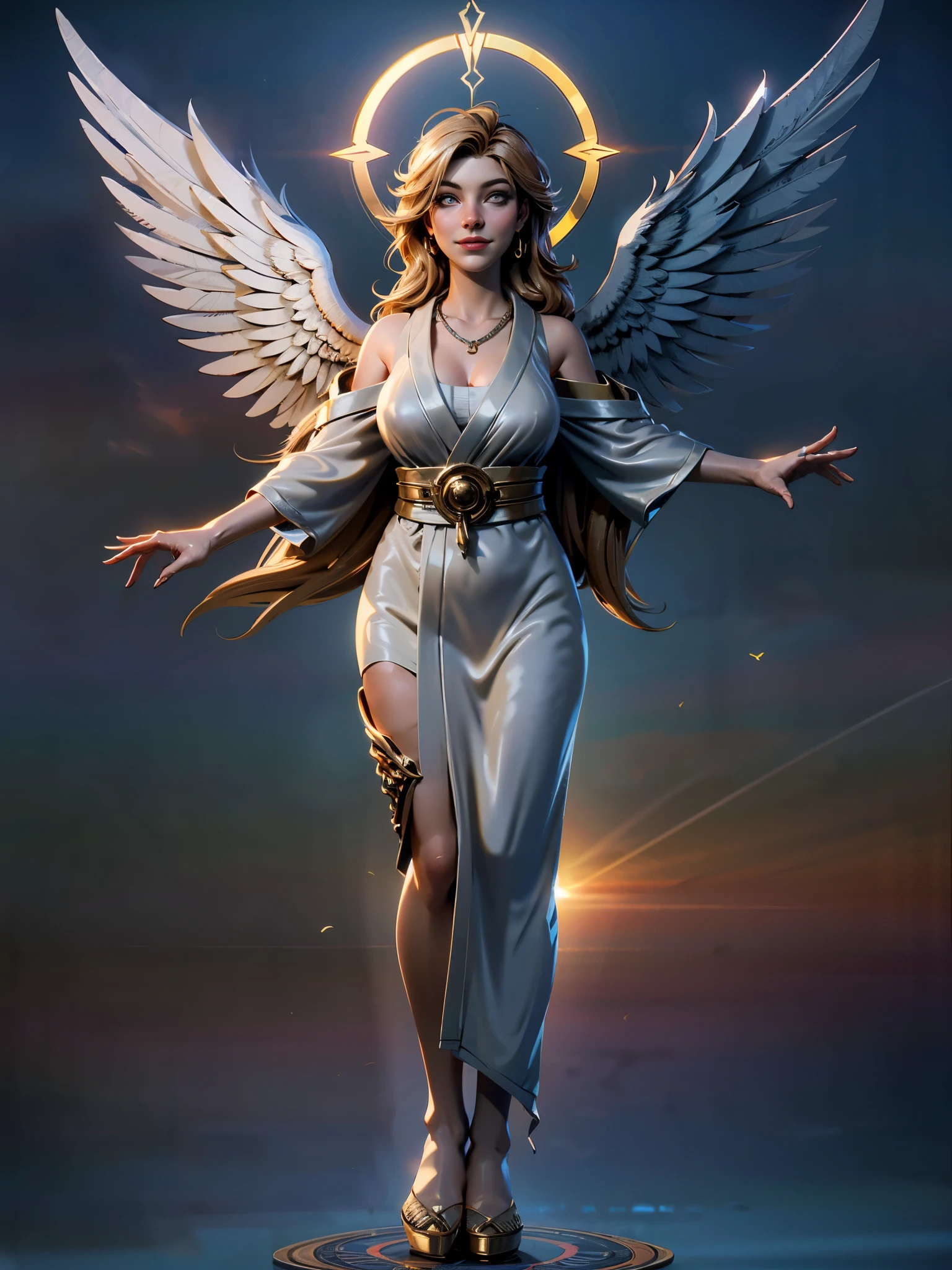 (Numerous award-winning masterpiece, with incredible detail, textures and maximum detail), (hyper realistic:1.4), (full-body standing image:1.7), (best quality real texture skin), (finely detailed true circle eyes), (finely Detailed and beautiful face that is out of this world:1.6), (Warm and gentle holy light pouring down strongly:1.4), ((medieval world)), (Divine Halo:1.6), (The warm look of the loving mother), (She has joy in her eyes and a happy smile on her face:1.3), (Opens mouth and laughs happily), (Beautiful eyes that sparkle and shine), (Dramatic Light), (in sky flying pose:1.9)(A majestic sight), Her expression is full of tenderness and beautiful, (Sacred radiance magic circle:1.4), (large wings with beautiful white feathers behind shoulders:1.3), (Wears a white see through robe with elaborate patterns:1.4), large whie  wings, Earrings with a sacred atmosphere of refined craftsmanship,  (((dramatic photo))), (Sunrise), (Sunset), (Sunny), ((dramatic pose)), (flamboyant photo), (golden hair),  (Around her neck is a simple necklace of exquisite workmanship), sky cloudy, Shining majestic cloud masses and sky, epic realistic, faded, art,  (art station:1.5), cinematic, ((neutral colors)), (hdr:1.5), (muted colors:1.2), hyper detailed, dramatic light, (intricate details:1.1), complex background,