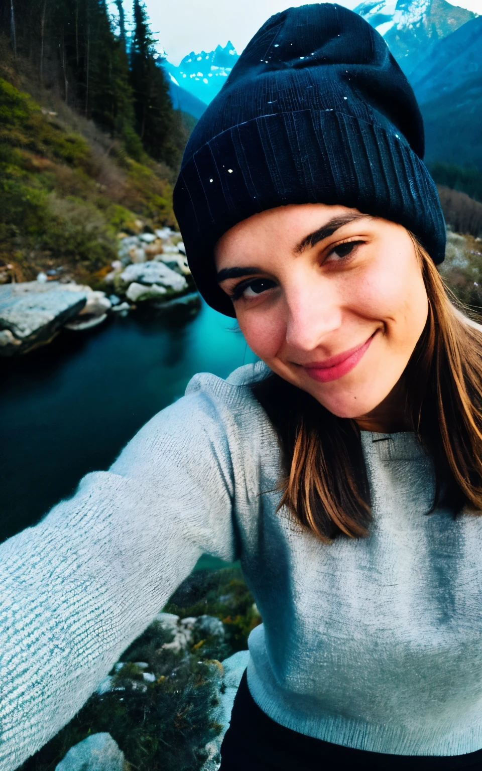 photograph, photo of beautiful woman, selfie, upper body, solo, wearing pullover, outdoors, (night), mountains, real life nature, stars, moon, cheerful, happy, gloves, sweater, beanie, forest, rocks, river, wood, smoke, fog, looking at viewer, skin texture, photo grain, close up, RAW photo