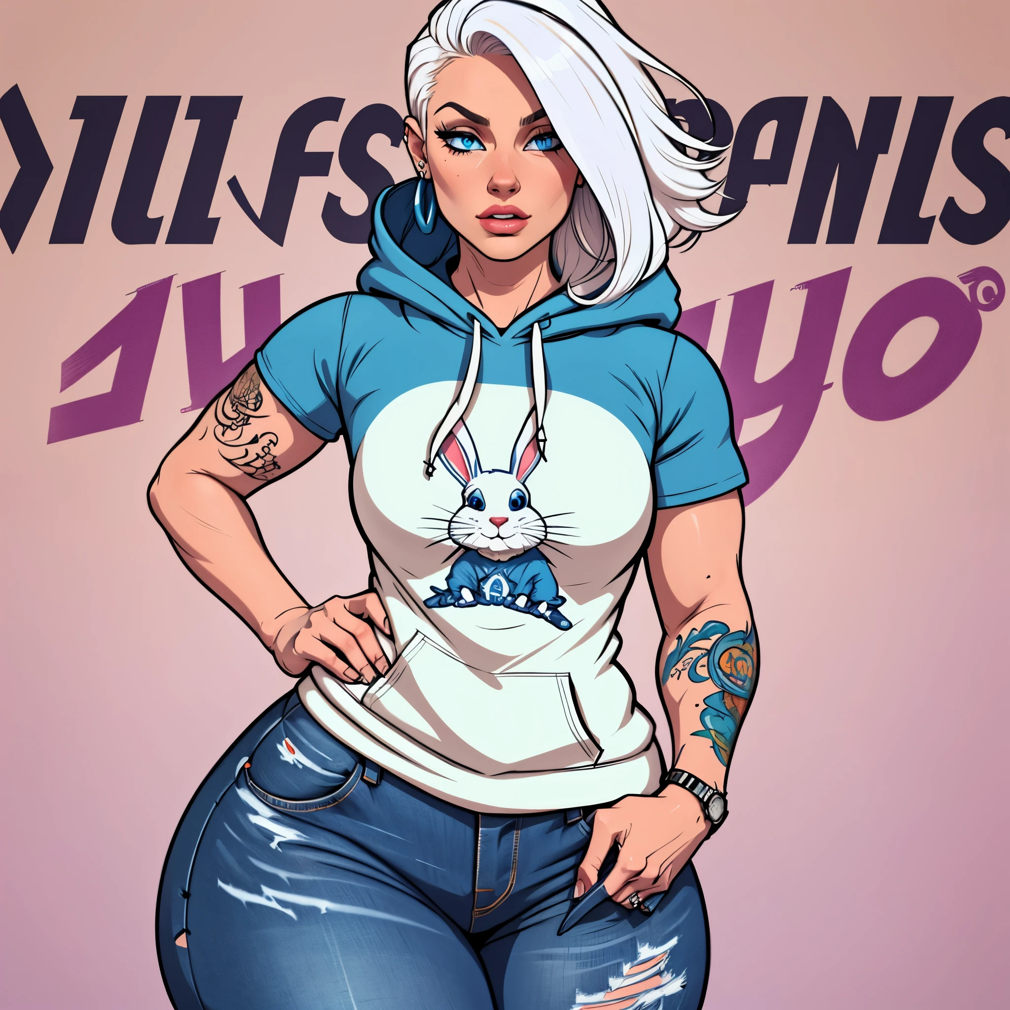 Cool and trendy rabbits, White hair, Blue eyes, Wear trendy hip-hop clothes, Wearing a hoodie, Graphic T-shirt and ripped jeans, Lots of tattoos and piercings, Doodle style background, Highly detailed background, perfect masterpiece, High quality, High resolution