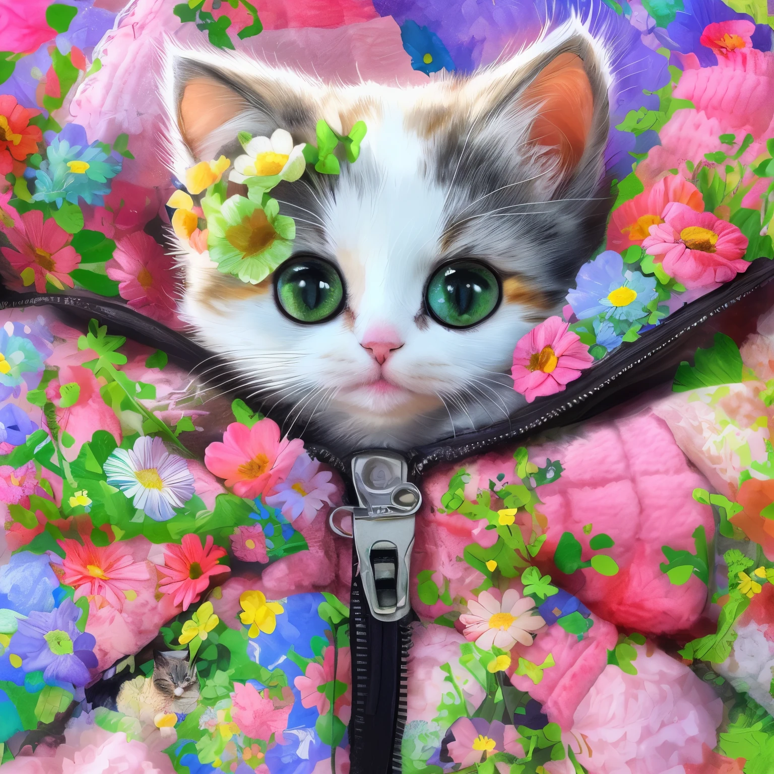 There is a cat in the jacket with flowers in its hair., very beautiful cute catgirl, cute digital art, adorable digital paintings, cute cat, cute detailed digital art, cute colorful adorable, cute cat, beautiful and cute, cute and nice, cute cat photo, nice and cute, a cute cat, cute kitten