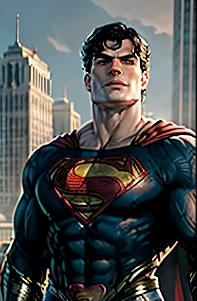  (masterpiece:1.2), (best quality:1.2), perfect eyes, perfect face, (((Christopher Reeves and Henry Cavill))), volumetric lighting, 1boy, superman, grin, grinning, abs, bara, black hair, blue bodysuit, blue eyes, bodysuit, full-length cape, closed mouth, heroic, large pectorals, male focus, muscular, muscular male, pectoral lift, pectorals, red cape, short hair, outdoors, skyscrapers, solo, superhero, upper body , ((masterpiece)), superhero pose