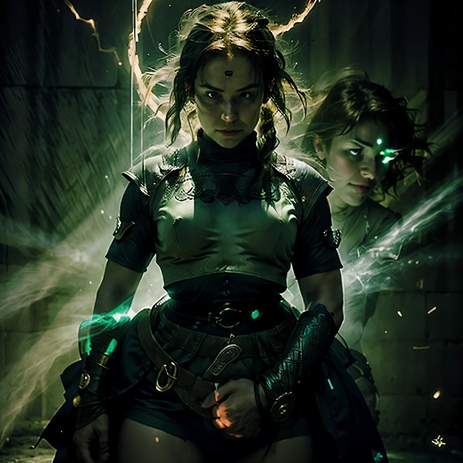 a english celtic  warrior princess protecting her 2 young boys glowing with energy 