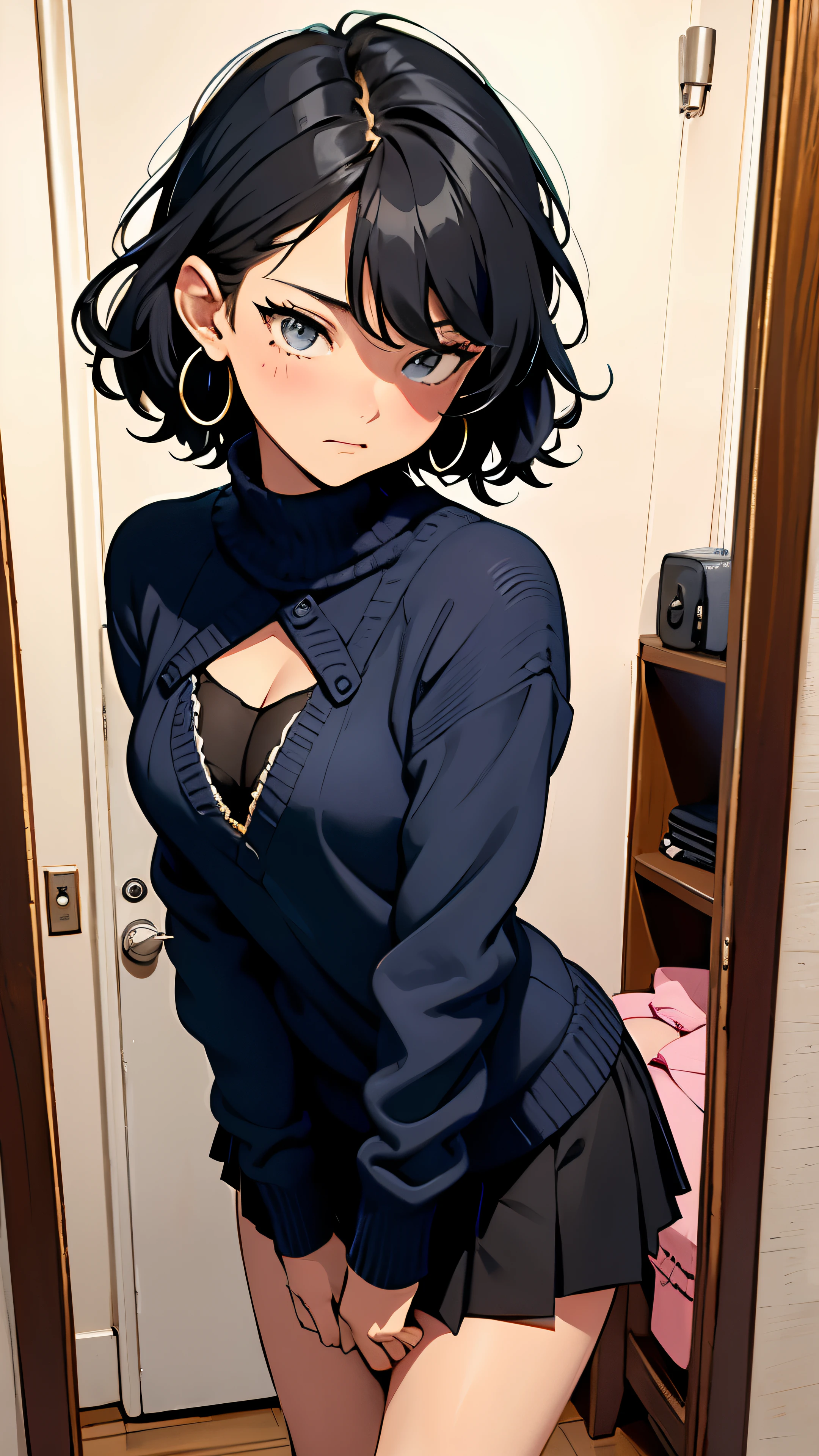 sharp focus, detailed outfit, key visual, traditional art, ultra detail, vibrant colors, girl, masterpiece, sharp focus, best quality, depth of field, cinematic lighting, correct anatomy, vibrant colors, black hair, short curly black hair, short back wavy hair, (small ), perky , mini skirt, in a dressing room, standing with legs together and arms by her side, shy, embarrassed, alone, teenager, alone, hoop earrings, blushing, teenager, blue bra and thong with small cleavage, blue bra with g sting and small cleavage, black heels, (alone), trying on a new lingerie, (changing clothes in a dressing room), ((in the act of taking off a sweater)), perfect ass