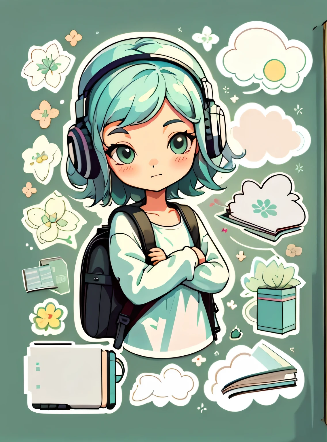 1 adesivo, manual, (uma garota estilosa, modelo, Topo branco, fresco e fresco), fundo verde, fundo simples, minimum, fones de ouvido, livros, computador, Flores, mochila, elementos escolares, Bonitinho, pequeno, cor pastel, estilo vetorial, sem gradiente,sorridente