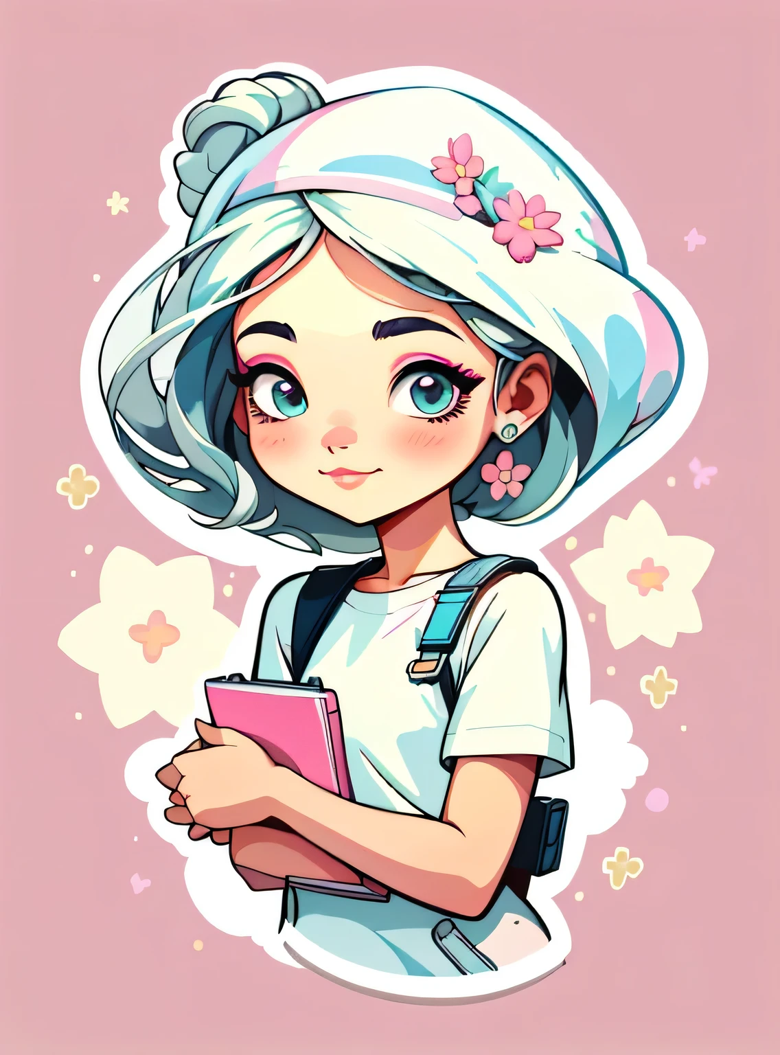 1 adesivo, manual, (uma garota estilosa, modelo, Topo branco, fresco e fresco), fundo rosa, fundo simples, minimum, elementos de maquiagem, Flores, Bonitinho, pequeno, cor pastel, estilo vetorial, sem gradiente，sorridente