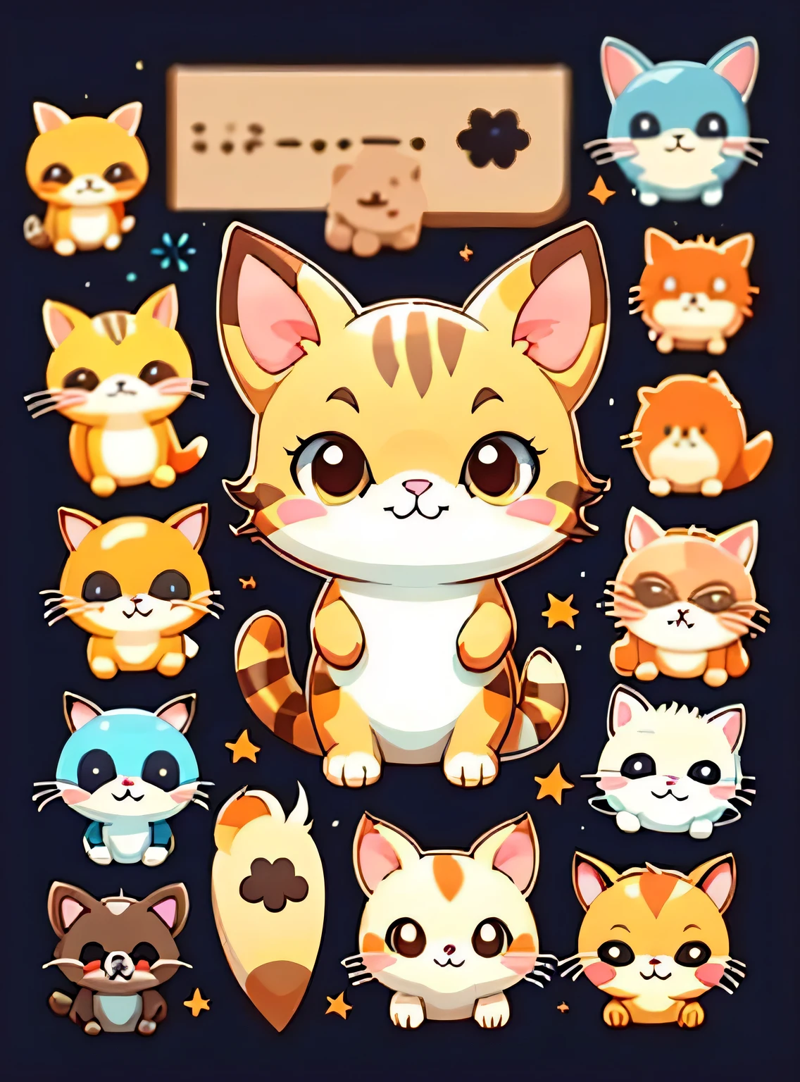 um adesivo,Gatinho,animal fofo,Backgound simples,Desenho animado fofo,cabelos castanhos,Forma animal simples