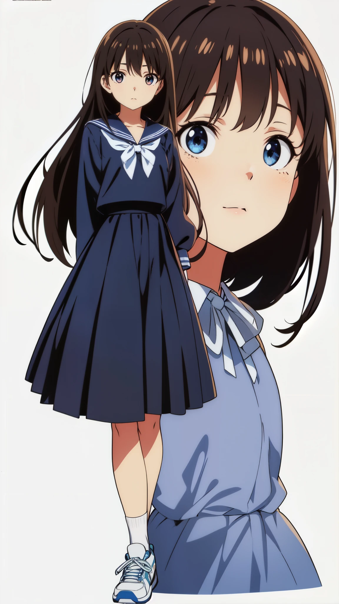 (white background:1.0), (anime:1.0), (official art:1.0), (best quality:1.0), (masterpiece:1.0), (full body:1.0), (solo:1.0), (a cute girl:1.0), (long skirt:1.25), (dark blue skirt:1.0), (pleated skirt:1.0), (long sleeve dark blue sailor uniform:1.25), (sneakers:1.0), (white socks:1.0), (ideal ratio body proportions:1.0), (lanky:1.0), (tall:1.0), (slender:1.0), (small breasts:1.0), (smaller face:1.0), (tareme:1.0), (detailed beautiful eyes:1.0), (detailed beautiful face:1.0), (glowing black eyes:1.0), (long hair:1.0), (black hair:1.0)
