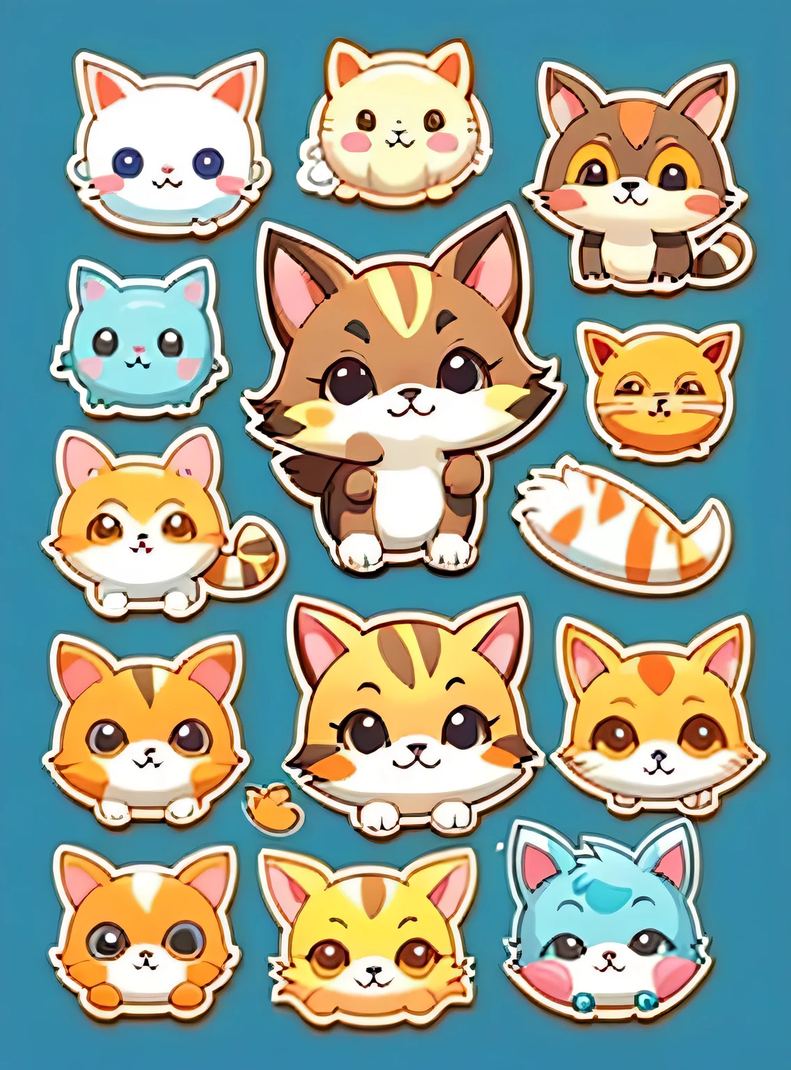 um adesivo,Gatinho,animal fofo,Backgound simples,Desenho animado fofo,cabelos castanhos,Forma animal simples