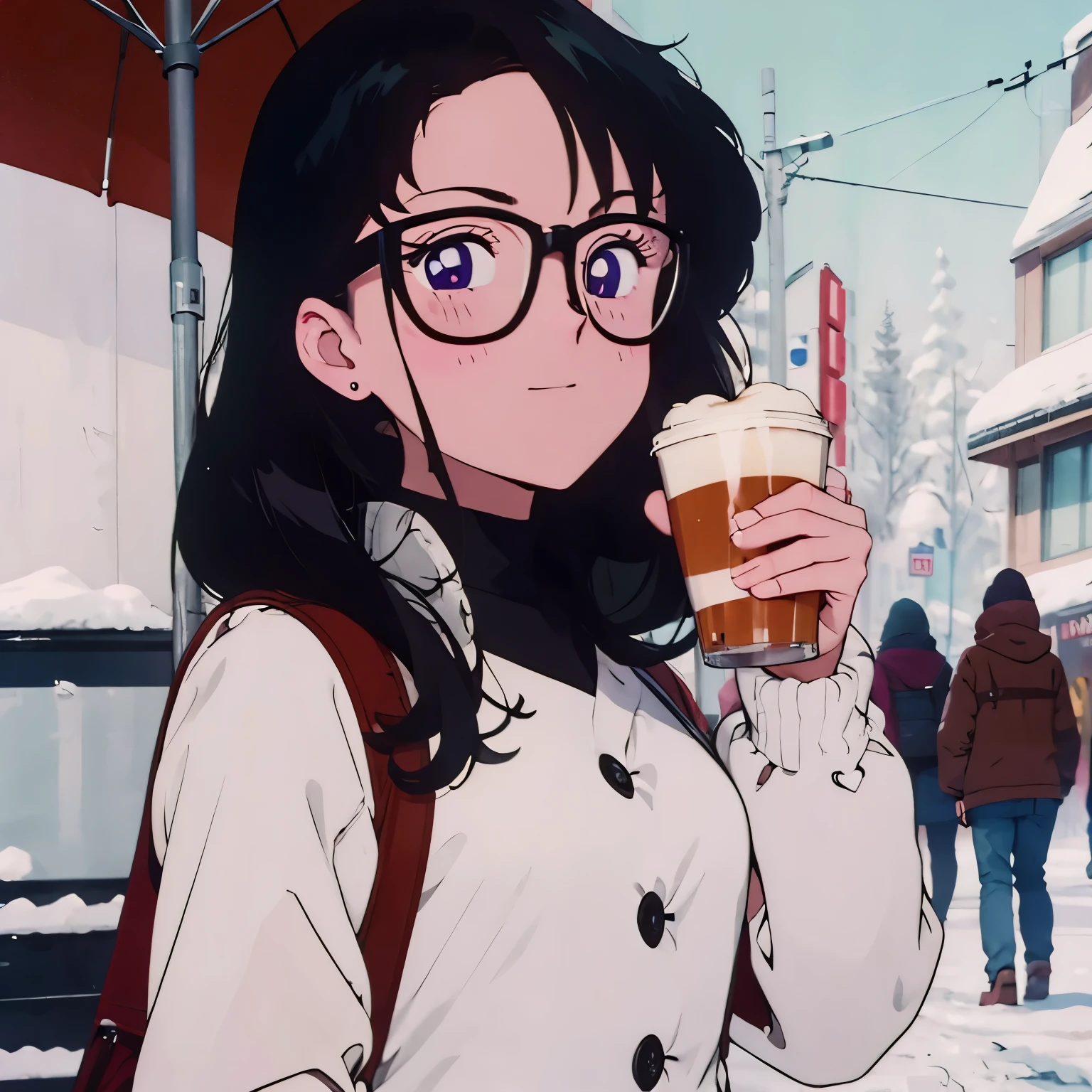 Make one with black hair and glasses having a coffee in the snow