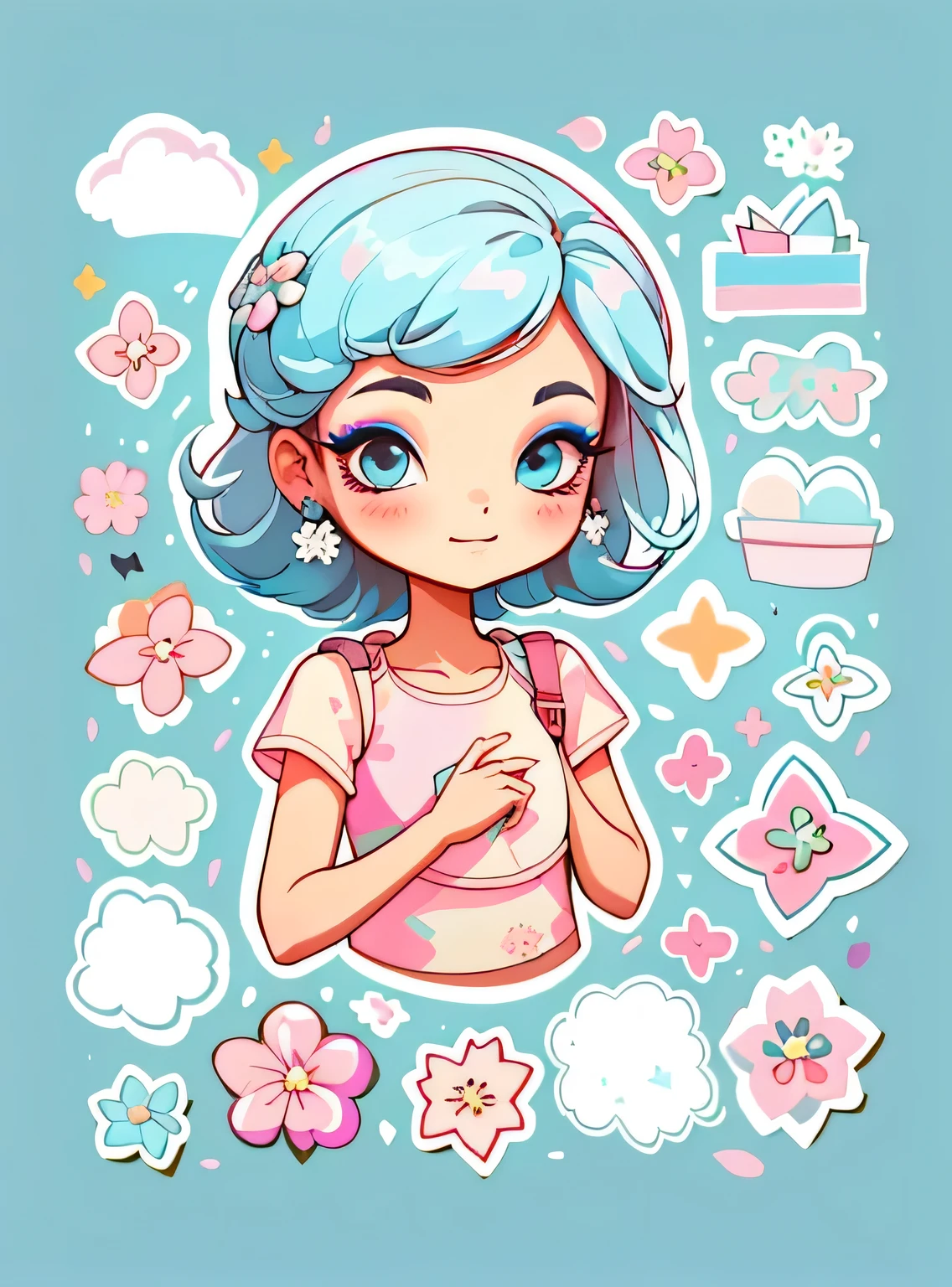 1 adesivo, manual, (uma garota estilosa, modelo, Top rosa, fresco e fresco), fundo azul, fundo simples, minimum, elementos de maquiagem, Flores, Bonitinho, pequeno, cor pastel, estilo vetorial, sem gradiente，sorridente