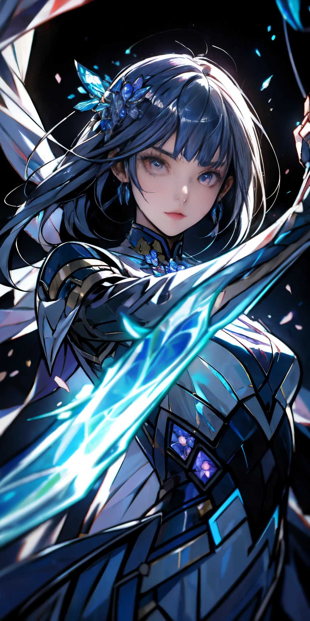 1 girl in、You have transformed into a catalyst wizard monster girl。With bright silver long hair and black eyes、extremely detailed eyes、long hair、He has a fighting spirit on his face.。In his right hand he holds a shining catalyst.、The blade is wearing water slices blades。The body is light and agile.、Soar freely in the air
