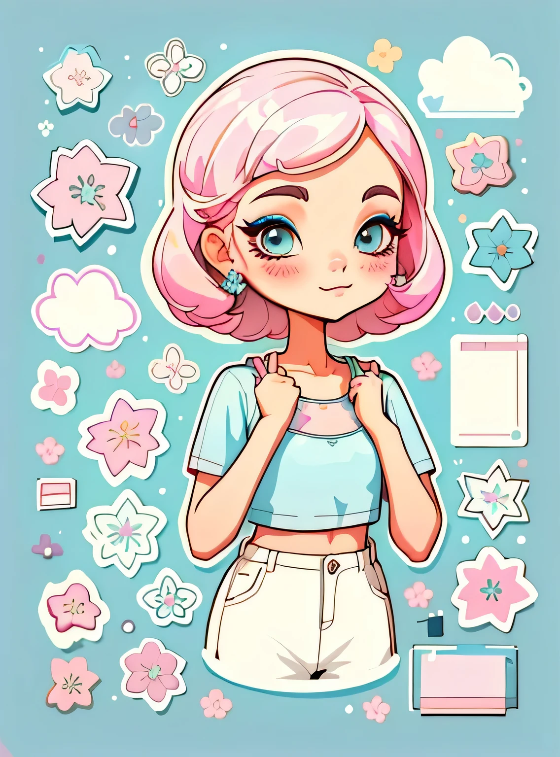 1 adesivo, manual, (uma garota estilosa, modelo, Top rosa, fresco e fresco), fundo azul, fundo simples, minimum, elementos de maquiagem, Flores, Bonitinho, pequeno, cor pastel, estilo vetorial, sem gradiente,sorridente