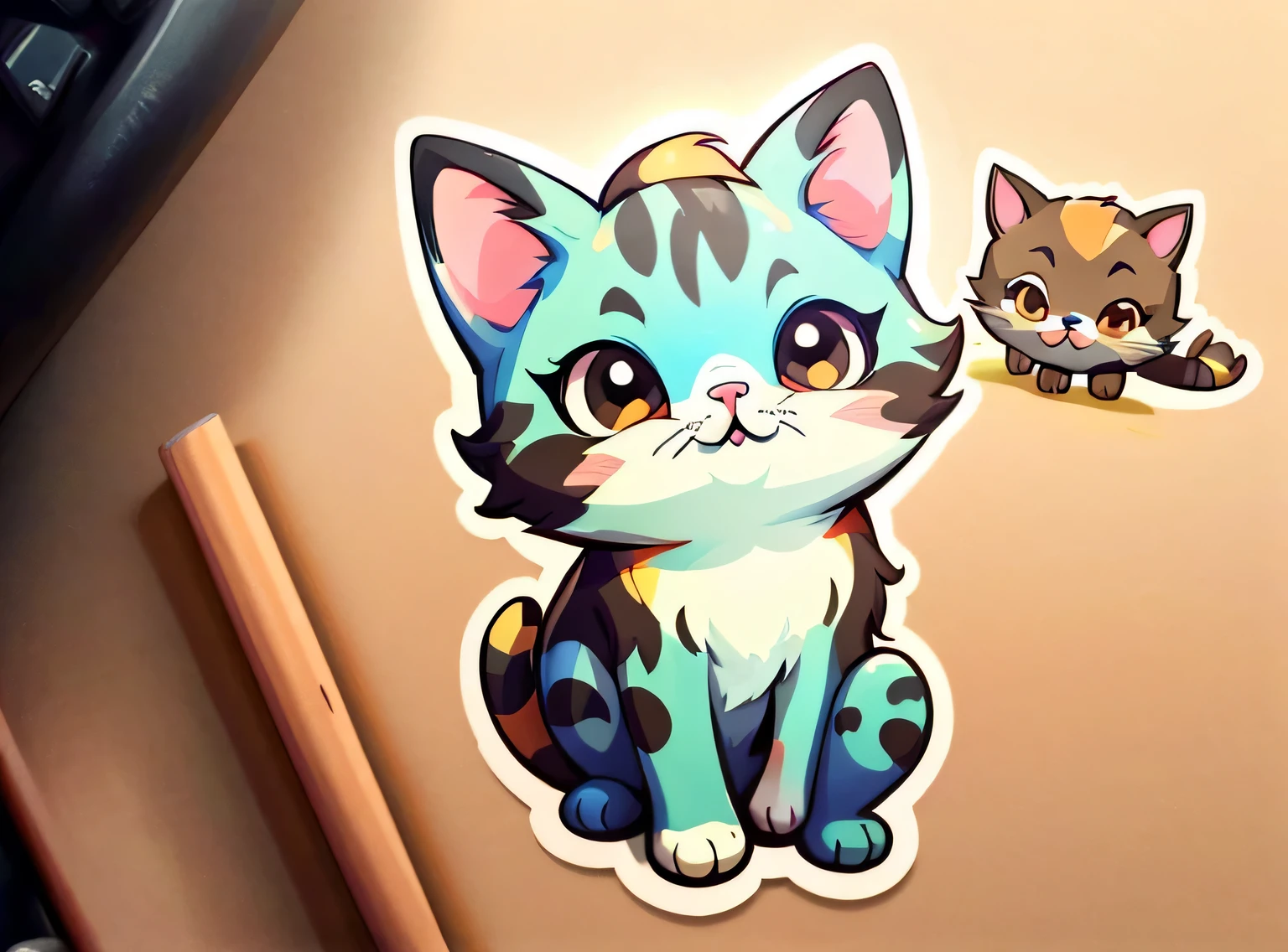 um adesivo,Gatinho,animal fofo,Backgound simples,Desenho animado fofo,cabelos castanhos,Forma animal simples