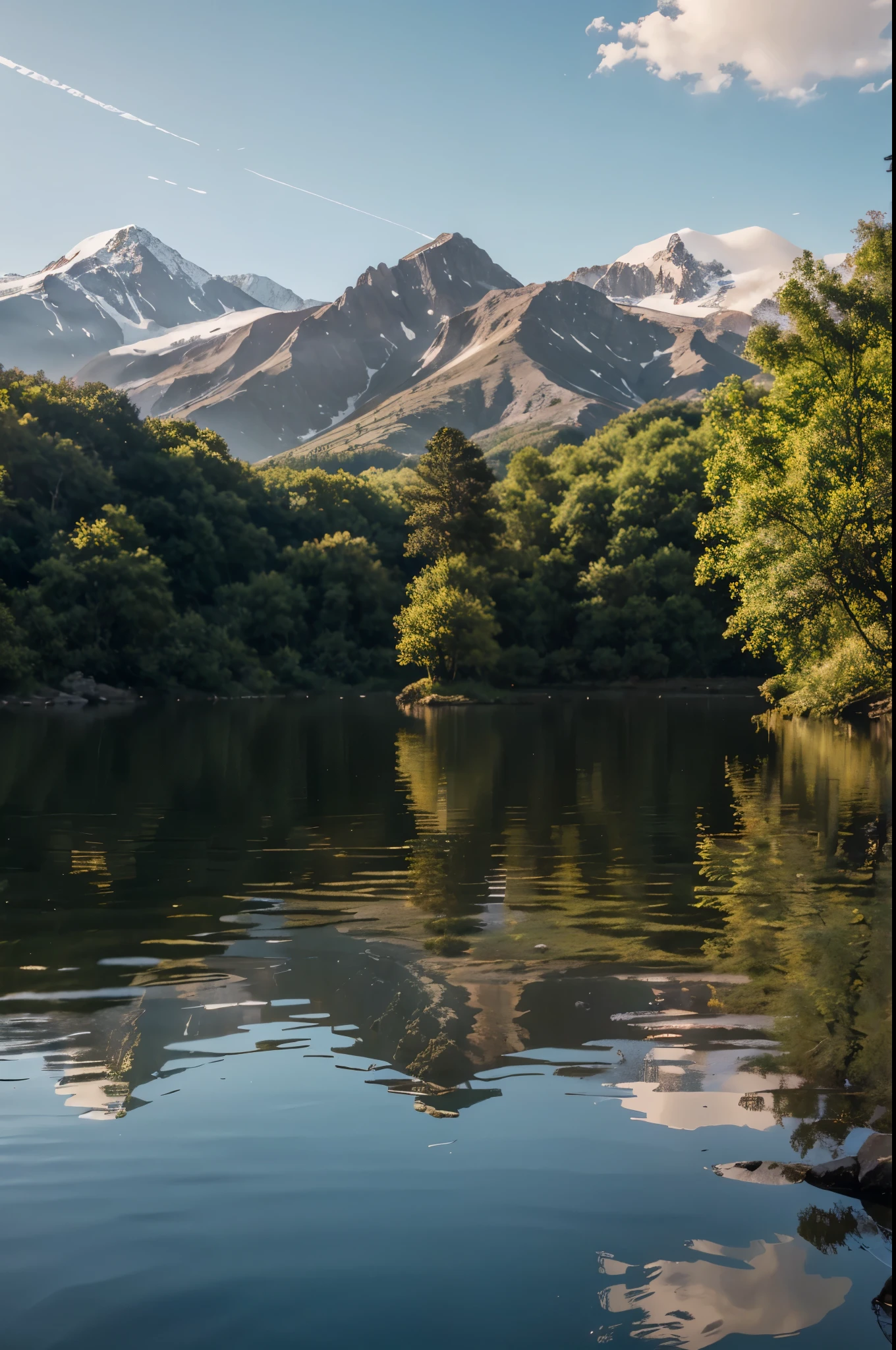 create an image of the most unstressed most serene scene that there could be, add rock at the front, and a wooden hut by the trees below the mountain