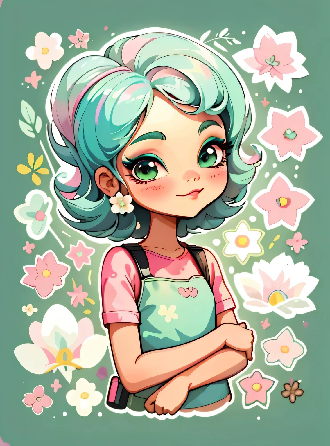 1 adesivo, manual, (uma garota estilosa, modelo, Top rosa, fresco e fresco), fundo verde, fundo simples, minimum, elementos de maquiagem, Flores, Bonitinho, pequeno, cor pastel, estilo vetorial, sem gradiente,sorridente