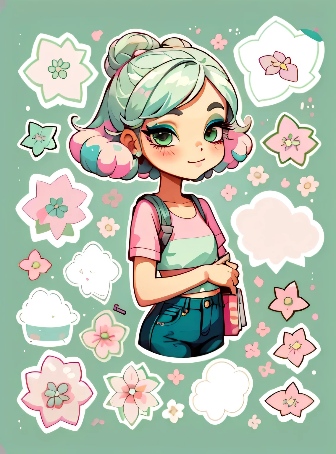 1 adesivo, manual, (uma garota estilosa, modelo, Top rosa, fresco e fresco), fundo verde, fundo simples, minimum, elementos de maquiagem, Flores, Bonitinho, pequeno, cor pastel, estilo vetorial, sem gradiente,sorridente