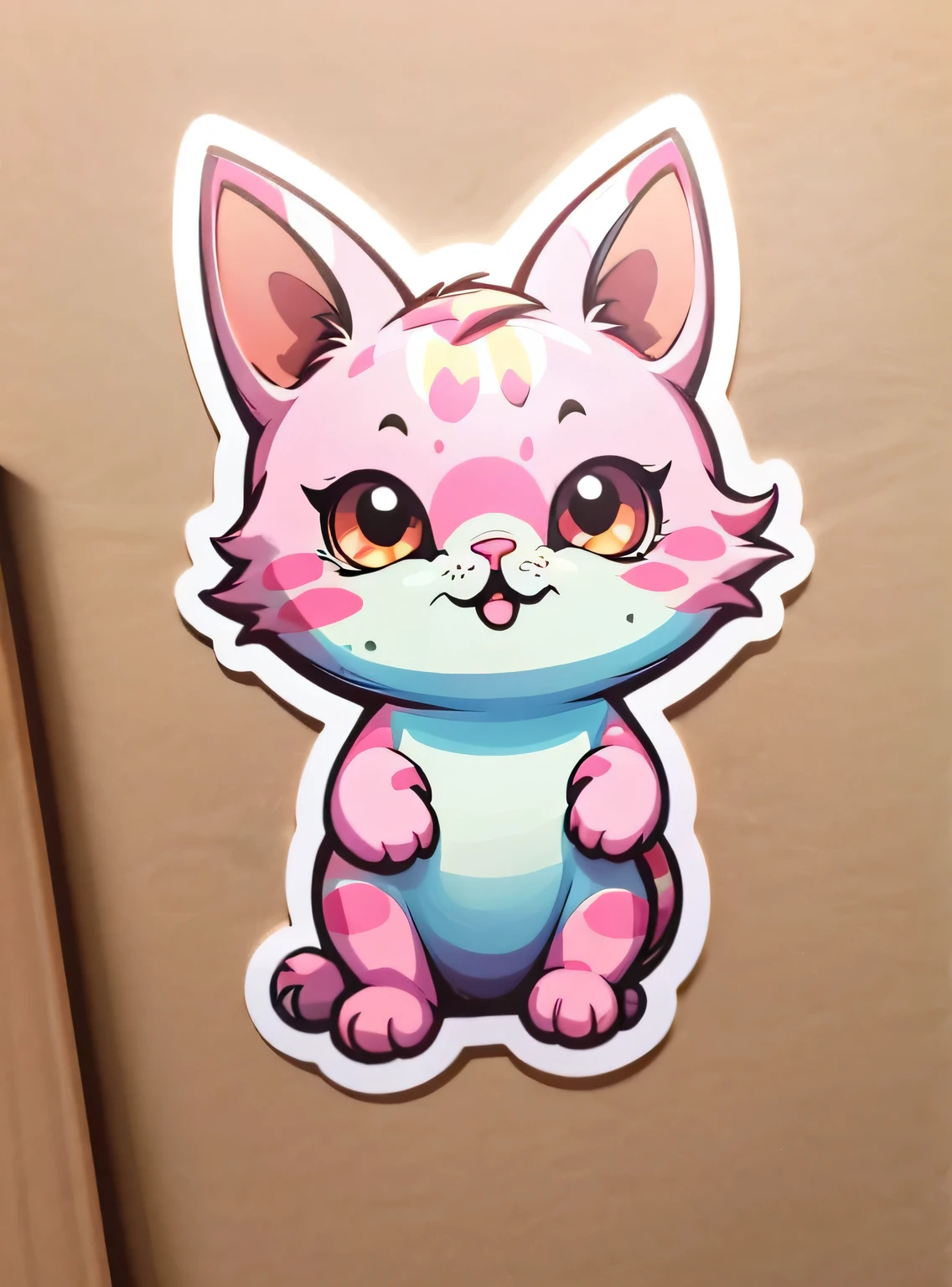 um adesivo,Gatinho,animal fofo,fundo rosa simples,Desenho animado fofo,cabelos castanhos,Forma animal simples