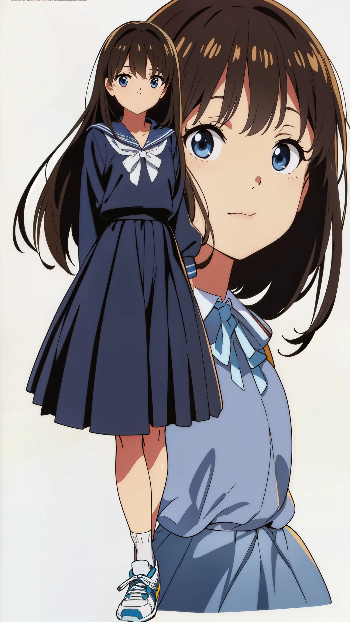 (white background:1.0), (anime:1.0), (official art:1.0), (best quality:1.0), (masterpiece:1.0), (full body:1.0), (solo:1.0), (a yo cute girl:1.0), (long skirt:1.25), (dark blue skirt:1.0), (pleated skirt:1.0), (long sleeve dark blue sailor uniform:1.25), (sneakers:1.0), (white socks:1.0), (ideal ratio body proportions:1.0), (lanky:1.0), (tall:1.0), (slender:1.0), (small breasts:1.0), (smaller face:1.0), (tareme:1.0), (detailed beautiful eyes:1.0), (detailed beautiful face:1.0), (glowing black eyes:1.0), (long hair:1.0), (black hair:1.0)