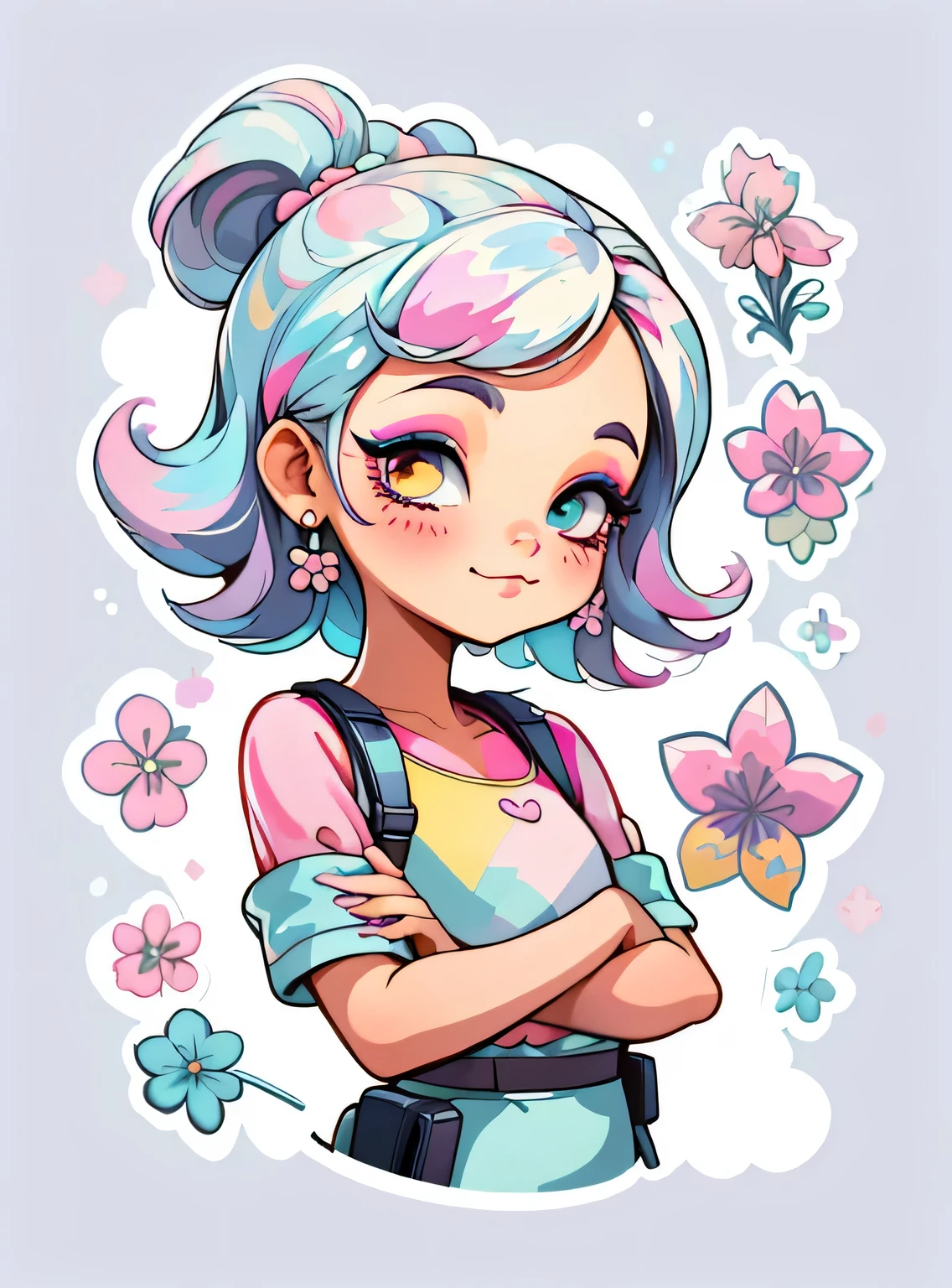 1 adesivo, manual, (uma garota estilosa, modelo, Top rosa, fresco e fresco), lilac background, fundo simples, minimum, elementos de maquiagem, Flores, Bonitinho, pequeno, cor pastel, estilo vetorial, sem gradiente,sorridente