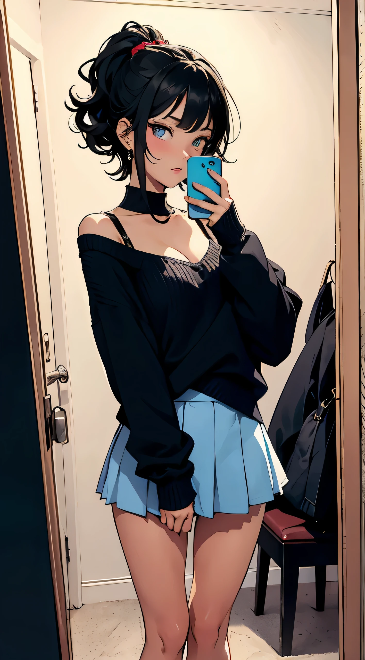 sharp focus, detailed outfit, key visual, traditional art, ultra detail, vibrant colors, girl, masterpiece, sharp focus, best quality, depth of field, cinematic lighting, correct anatomy, vibrant colors, black hair, short curly black hair, short back wavy hair, (small ), perky , mini skirt, in a dressing room, standing with legs together and arms by her side, shy, embarrassed, alone, teenager, alone, hoop earrings, blushing, teenager, blue bra and thong with small cleavage, blue bra with g sting and small cleavage, black heels, (alone), trying on a new lingerie, changing clothes in a dressing room, action shot, ((in the act of taking off a sweater)), perfect ass, looking at herself in the mirror, ((detailed eyes))