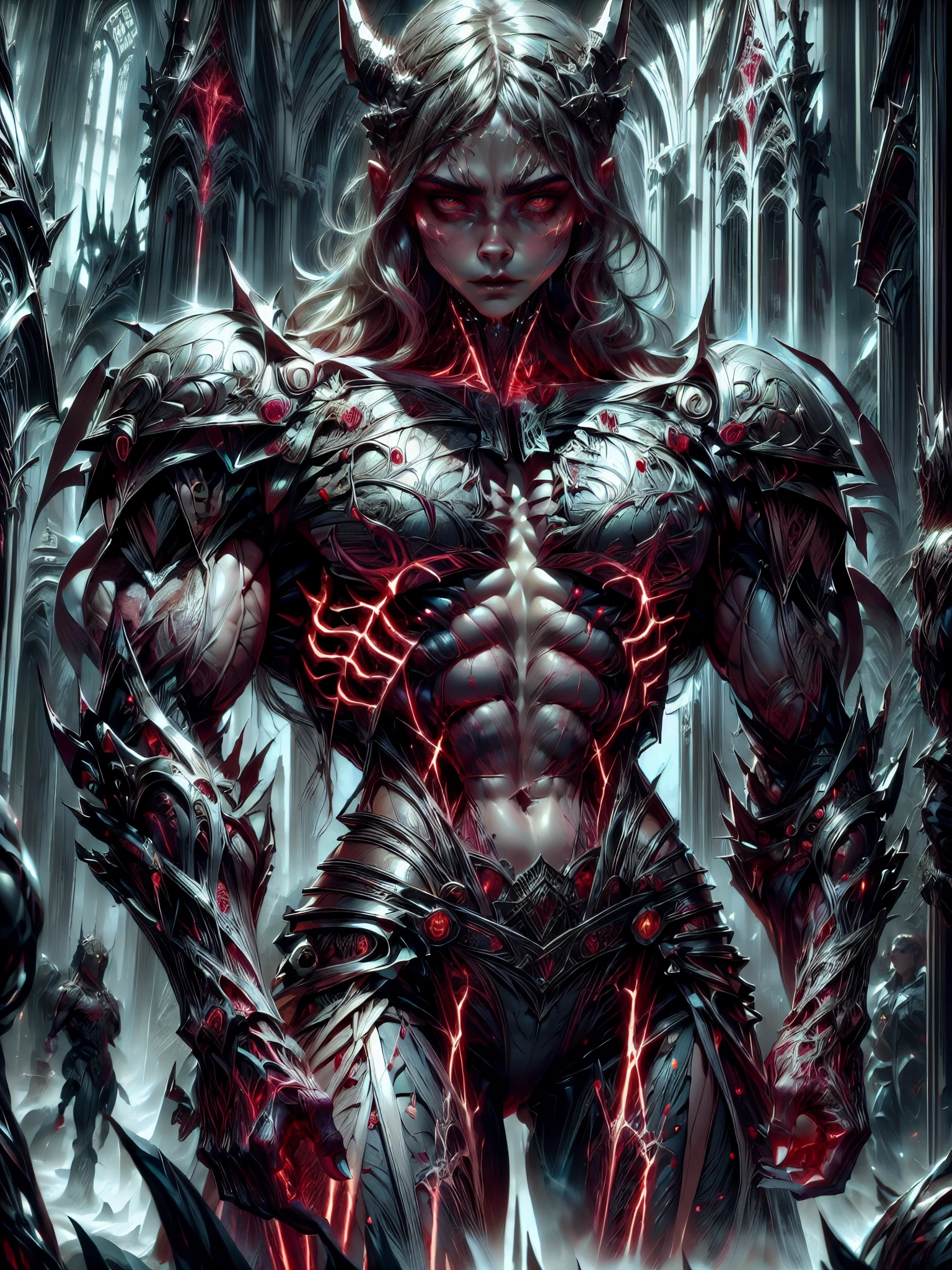 (1 girl), (cara delevingne:1.25), (pure white skin:1.25), Beautiful vampire girl dressed in ornate medieval vampiric full body armor, (perfect fingers:1.24), (extreme muscular definition:1.5), (vampiric body armor:1.25), (huge muscular arms:1.5,) (10-pack abs:1.4), (lots of veins:1.25), Ultra Realistic, Very detailed face and eyes, a true masterpiece, with an atmosphere of horror, gothica, blood, haunted cathedrals