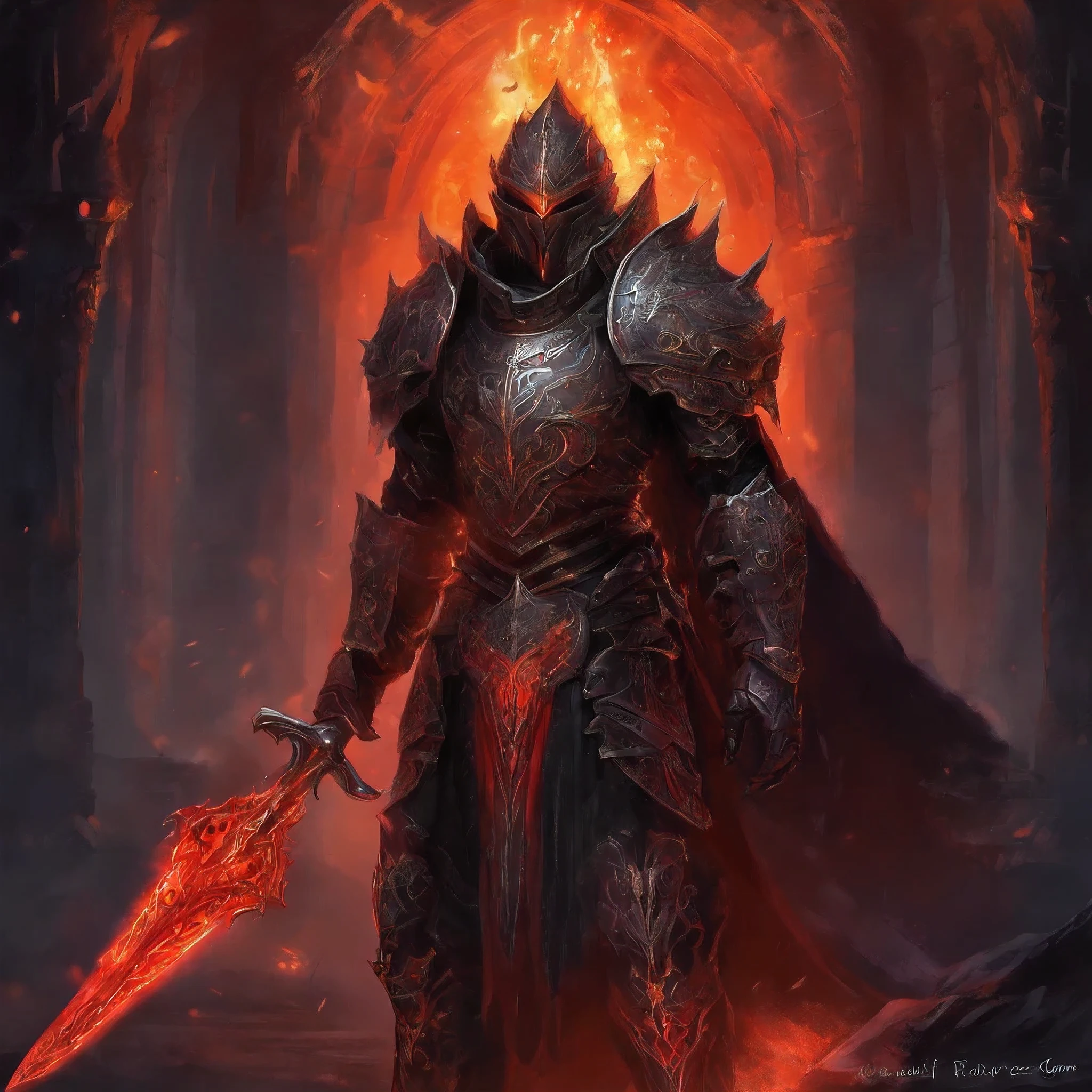 FULL plated Deadric knight mix, a big legendary black greatsword with Black light mixed with red,with black mist Black greatsword with broken red lines, background Hell knight holding sword,Deadric knight standing in a dark room with a sword, burnt armor, black fire color reflected armor, steampunk bioarmor, redwood forest themed armor, demonic dragon inspired armor, corrupted armor, gothic armor, black and reddish color armor, cyberpunk flame suit, prince crown of black gears, zombie cyborg, demonic! compedium!, black gears, fire sword, medieval, dynamic, FULL HD, REALISTIC FANTASY.