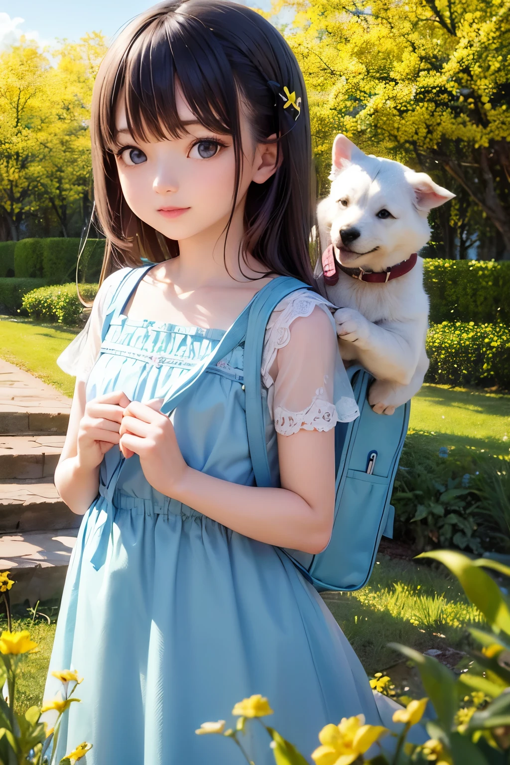 bright look、photorealism、highest quality、Super high resolution、picture,Delicate and beautiful photos 、extraordinary beautiful girl、cute and beautiful face details,Carry a backpack and cute puppy,Enjoy a beautiful spring walk,Surrounded by beautiful yellow flowers and nature.alice in wonderland