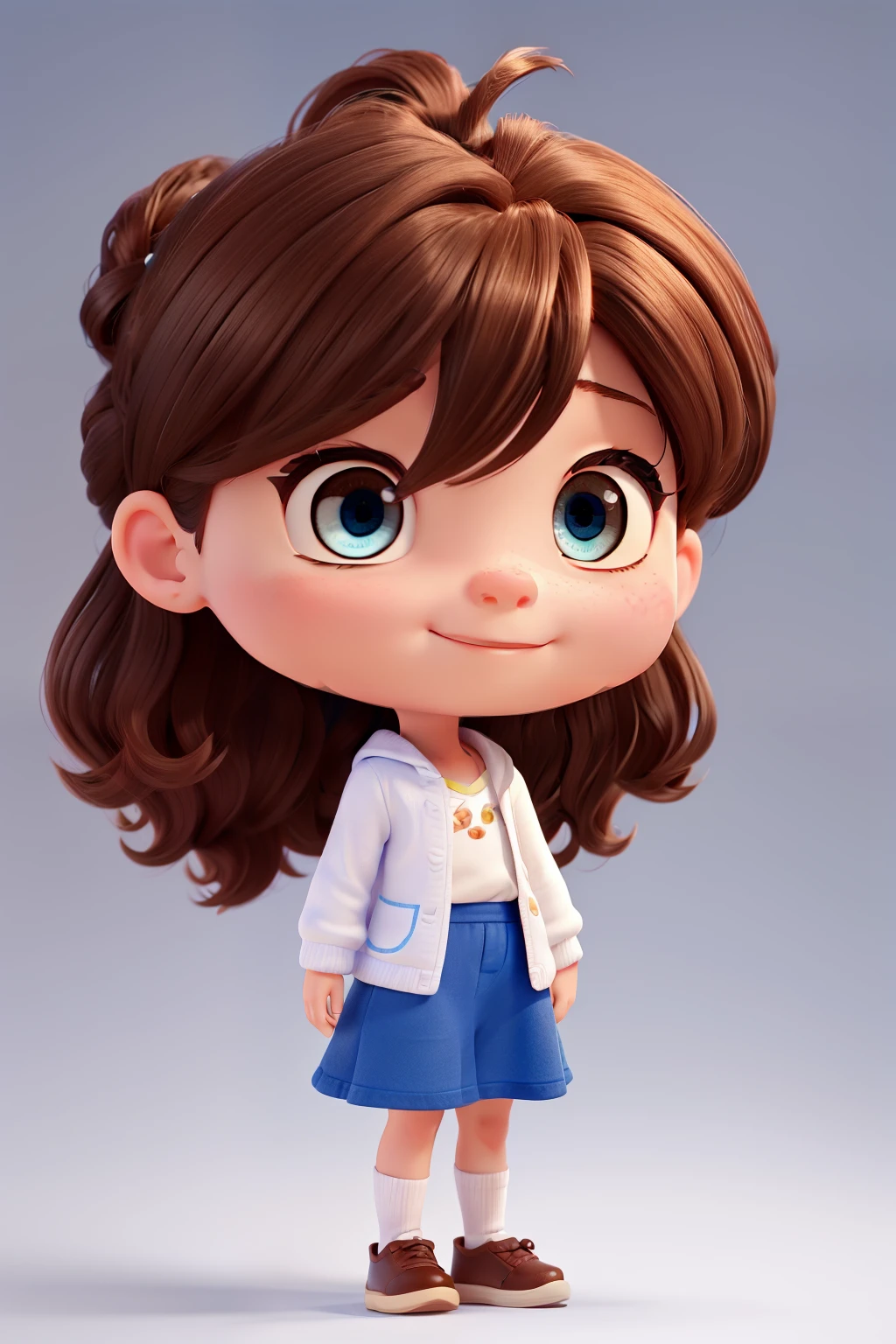 Create a chibi-style Pixar avatar of a 4-year-old girl with wavy dark brown hair in buns and fair white skin, and bright blue eyes.