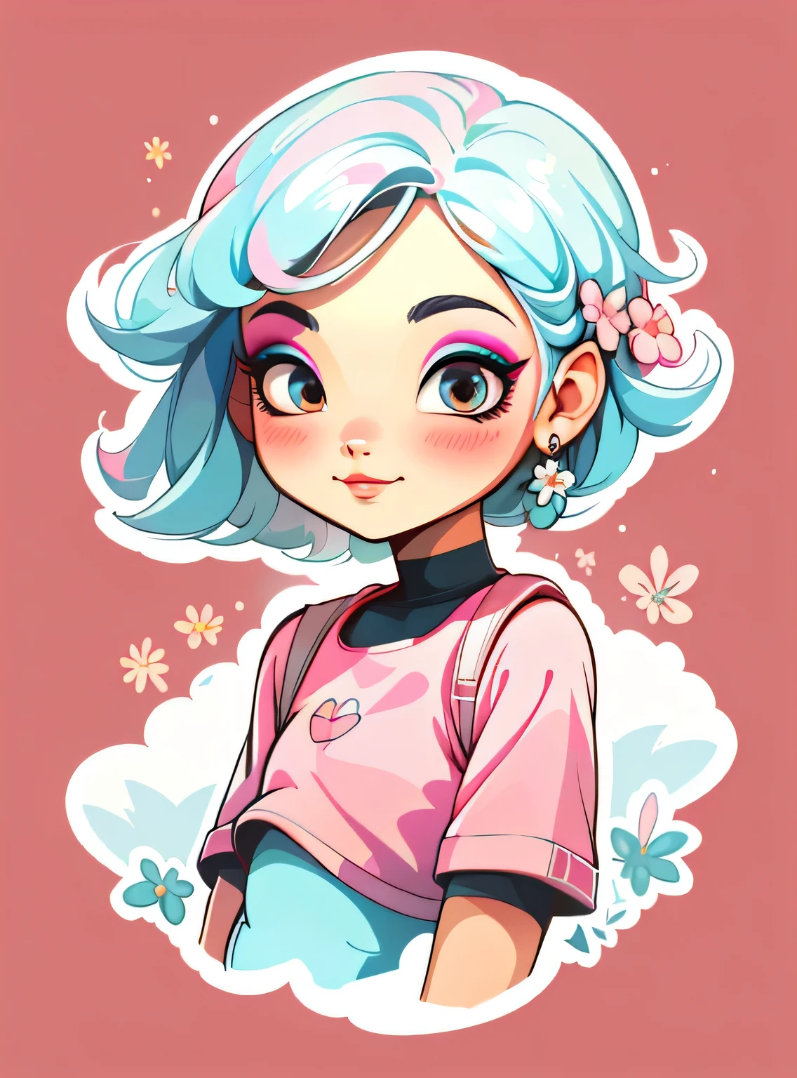 1 adesivo, manual, (uma garota estilosa, modelo, Top rosa, fresco e fresco), fundo vermelho, fundo simples, minimum, elementos de maquiagem, Flores, Bonitinho, pequeno, cor pastel, estilo vetorial, sem gradiente,sorridente