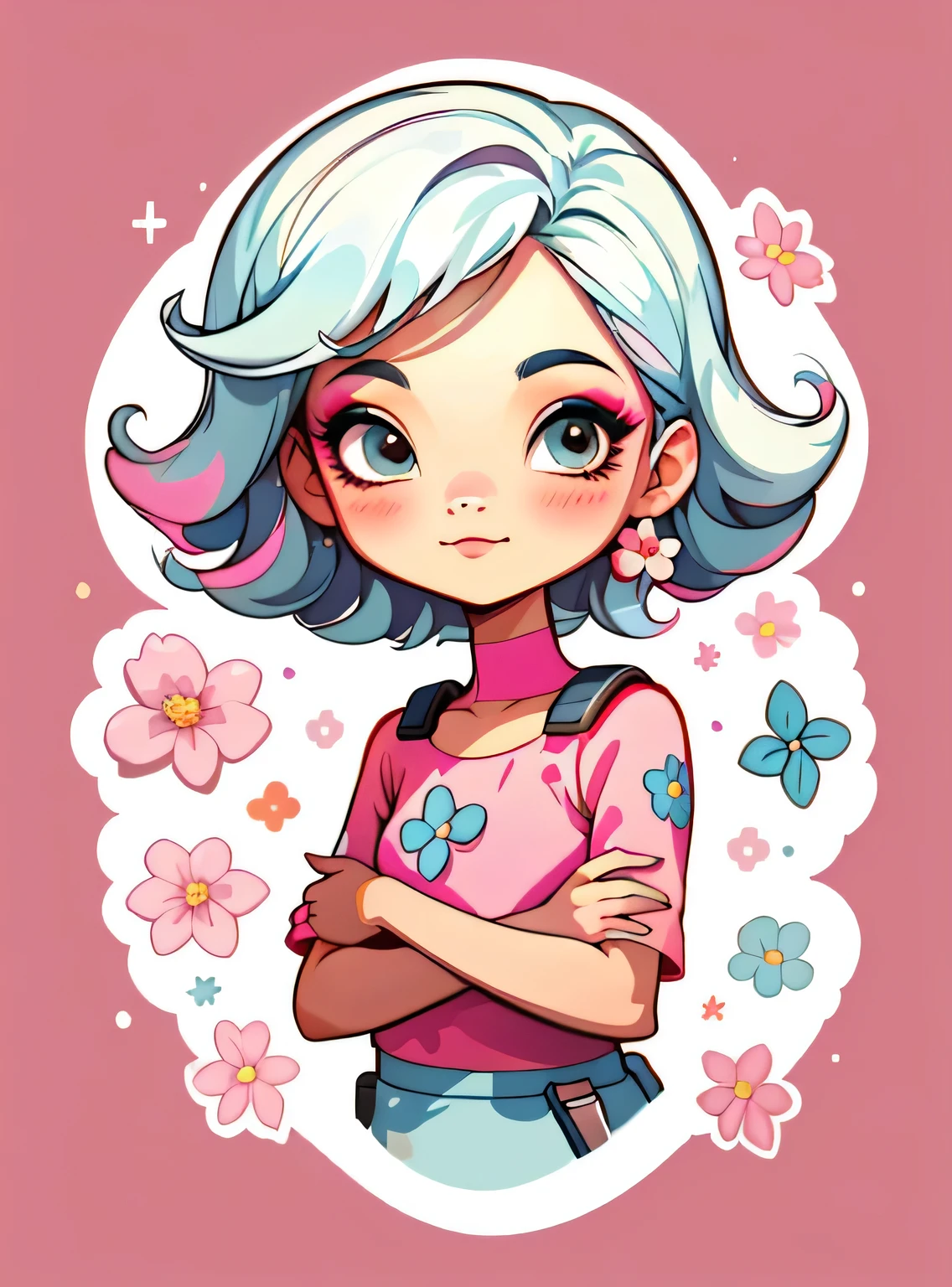 1 adesivo, manual, (uma garota estilosa, modelo, Top rosa, fresco e fresco), fundo vermelho, fundo simples, minimum, elementos de maquiagem, Flores, Bonitinho, pequeno, cor pastel, estilo vetorial, sem gradiente,sorridente