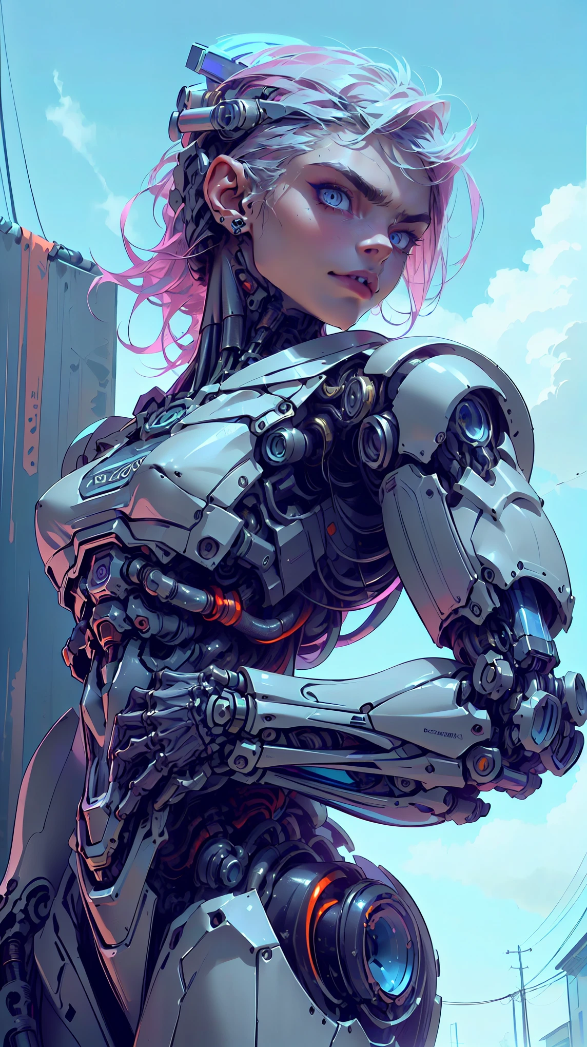 (1 girl), (beautiful cyborg queen looking at camera:1.25), (cara delevingne:1.25), (robotic mechanical physique:1.25), (1 super muscular cyborg demoness:1.25), (covered in cables and mechanical muscles:1.25), (android muscular anatomy:1.25), (perfect fingers:1.25),(8k, RAW photo, photorealistic:1.25), sci fi atmosphere, futuristic technopia, alien landscape,