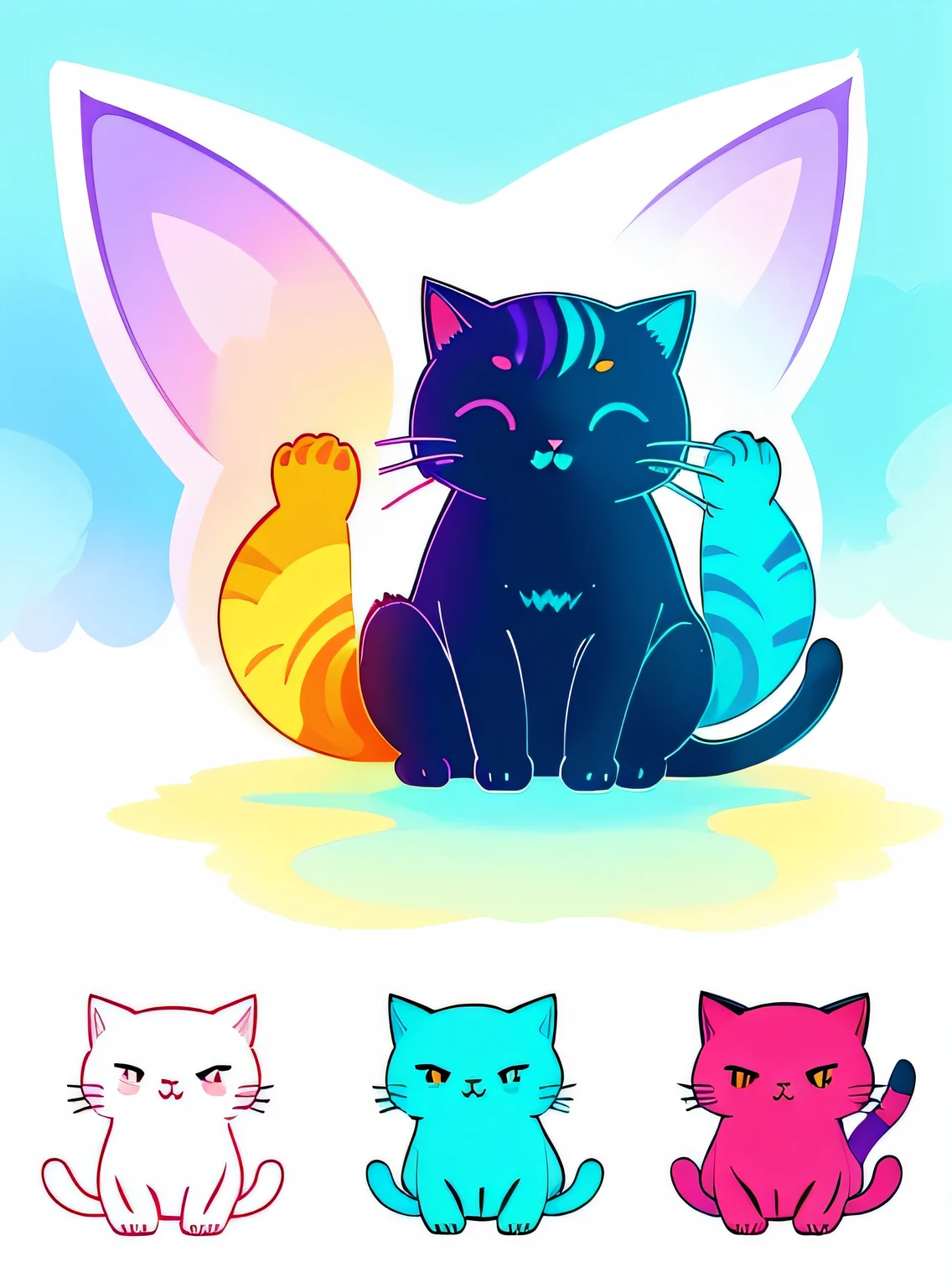 colorful gato, Adhesive illustration, fantasy Adhesive illustration, arte digital detalhada fofa, cute gato, Adhesive illustrations, desenho colorido bonito, design de conceito de adesivo, pintura digital gravada, Bela arte digital, rossdraw vibrante dos desenhos animados, colorful illustration , RossDraw pastel vibrante, design de adesivo, gato , Color sketch, glowing gato, Radiant gato