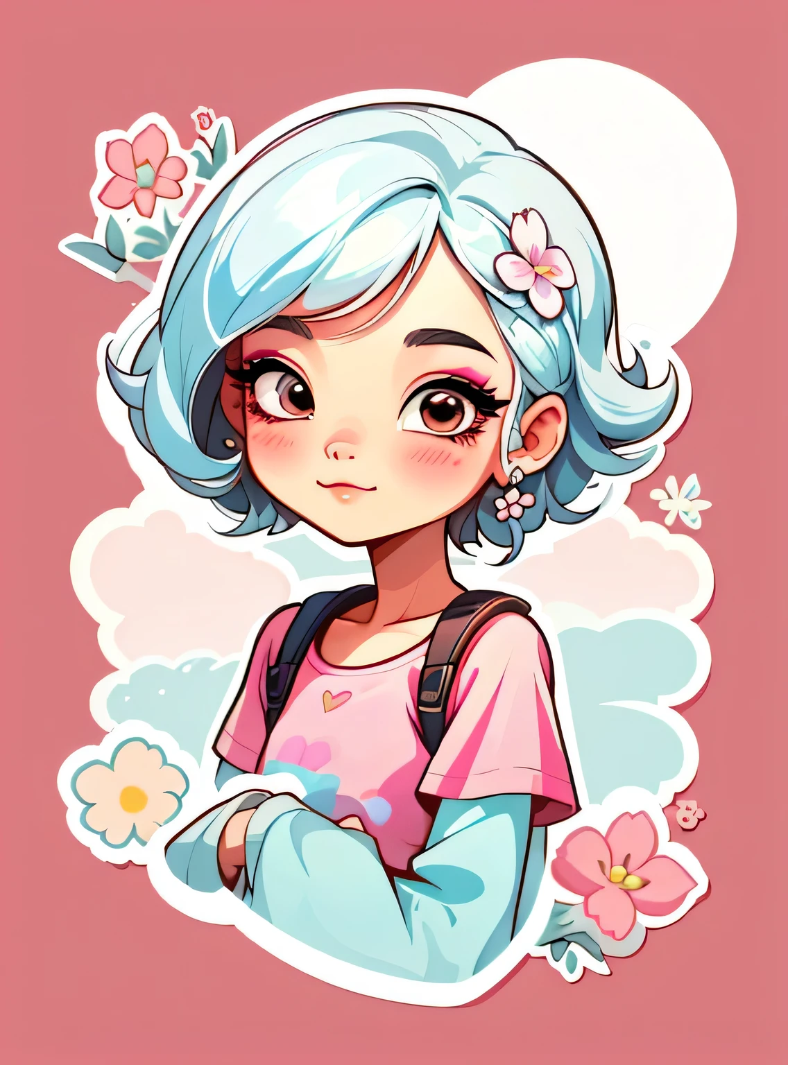 1 adesivo, manual, (uma garota estilosa, modelo, Top rosa, fresco e fresco), fundo vermelho, fundo simples, minimum, elementos de maquiagem, Flores, Bonitinho, pequeno, cor pastel, estilo vetorial, sem gradiente，sorridente