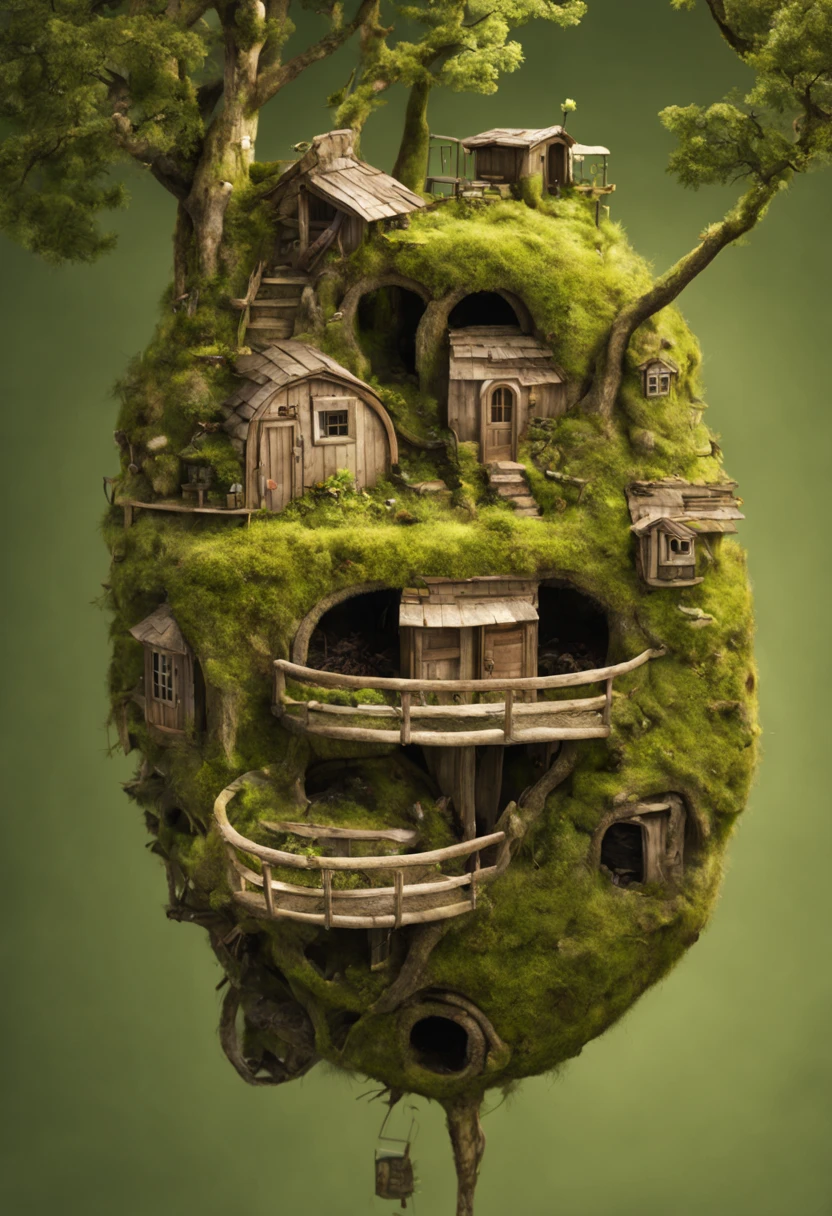 Mossy, ant-nest miniature dwellings, rounded oval, isometric, detailed reality