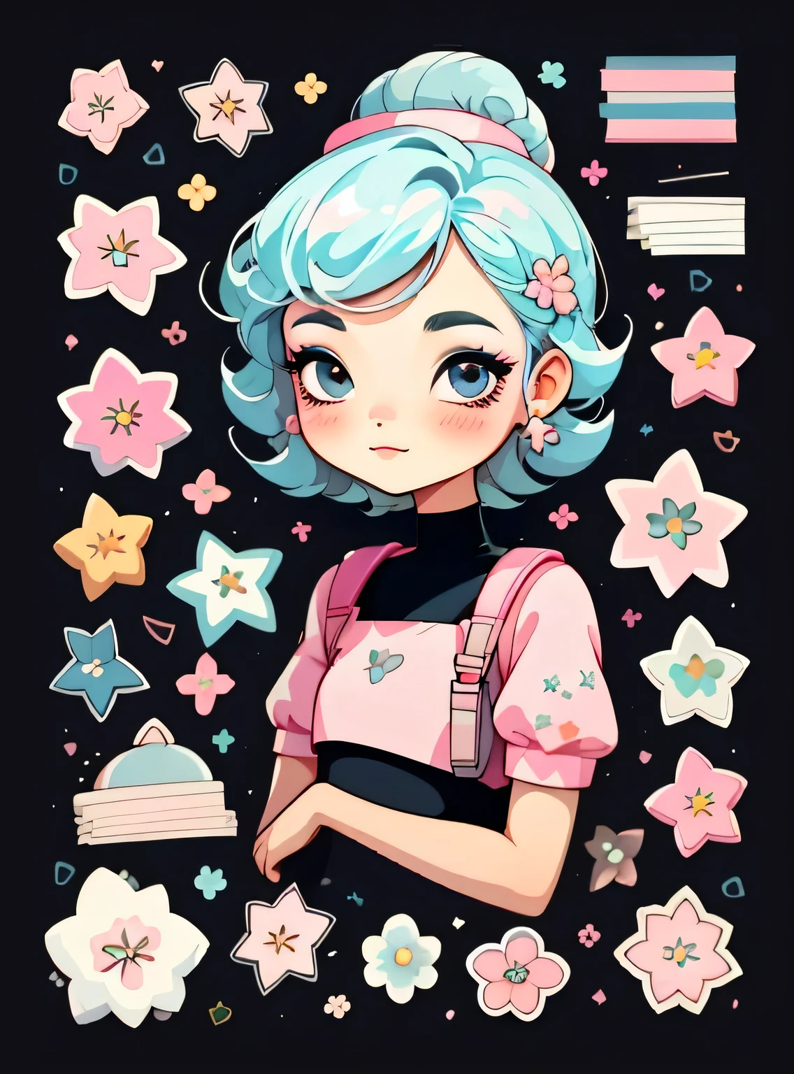 1 adesivo, manual, (uma garota estilosa, modelo, Top rosa, fresco e fresco), fundo preto, fundo simples, minimum, elementos de maquiagem, Flores, cap, Bonitinho, pequeno, cor pastel, estilo vetorial, sem gradiente,sorridente