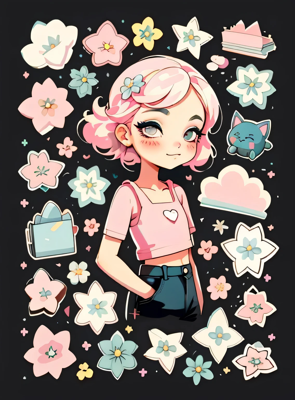1 adesivo, manual, (uma garota estilosa, modelo, Top rosa, fresco e fresco), fundo preto, fundo simples, minimum, elementos de maquiagem, Flores, cap, Bonitinho, pequeno, cor pastel, estilo vetorial, sem gradiente,sorridente