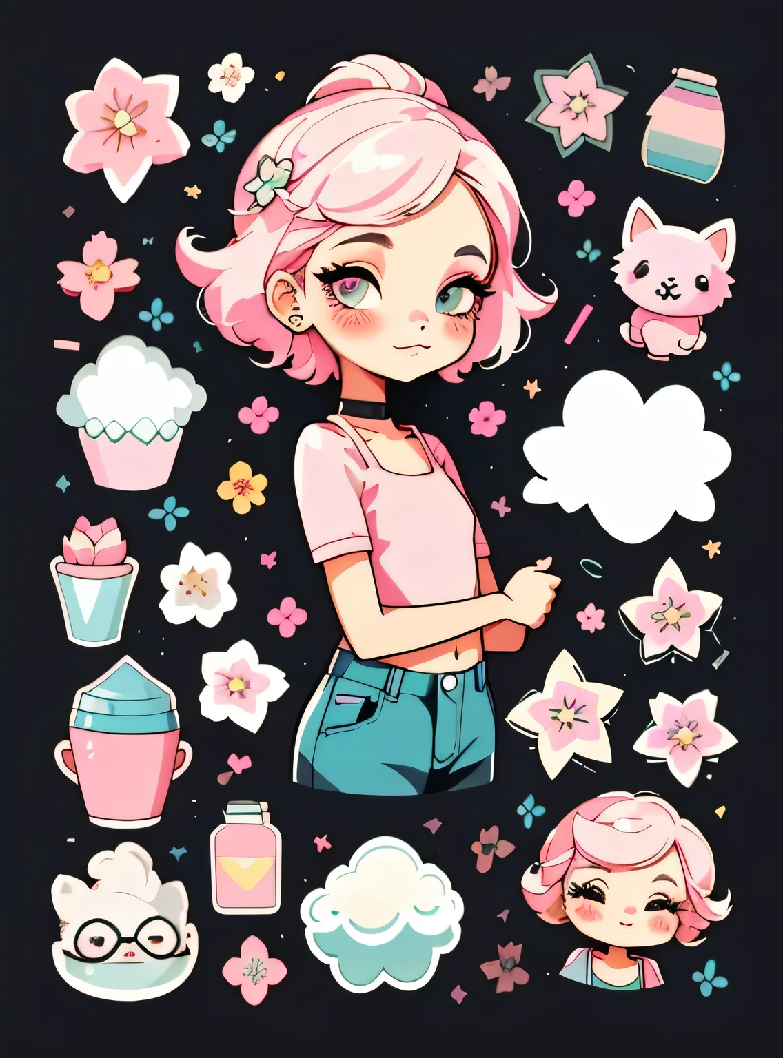1 adesivo, manual, (uma garota estilosa, modelo, Top rosa, fresco e fresco), fundo preto, fundo simples, minimum, elementos de maquiagem, Flores, cap, Bonitinho, pequeno, cor pastel, estilo vetorial, sem gradiente,sorridente