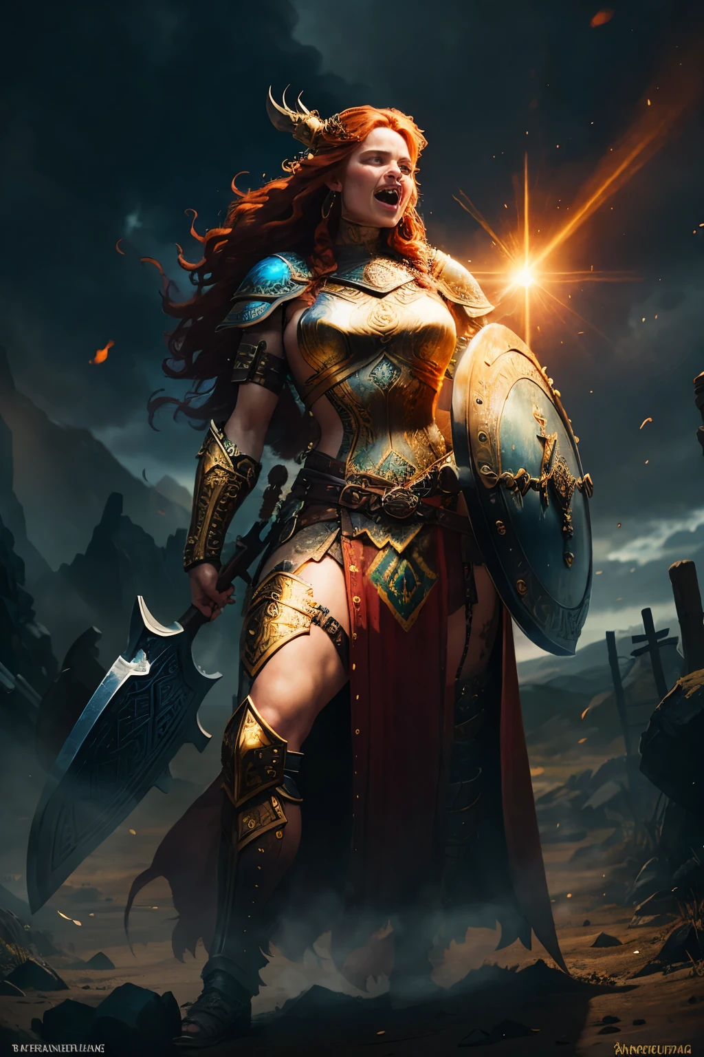 In this intricately detailed masterpiece, a female Viking warrior comes to life before your eyes. She stands boldly with her long, fiery red hair cascading down her back, revealing the meticulously painted war marks adorning her perfect face. Her piercing blue eyes gaze intently into the distance with a fierce determination, complemented by her menacing, cruelly laughing expression.
Equipped with a battle-worn battle axe and a shield adorned with intricate gold etching, she exudes an aura of power and strength. The sun's golden rays reflect off her metal armor, highlighting every curve and contour of her muscular body. Draped in