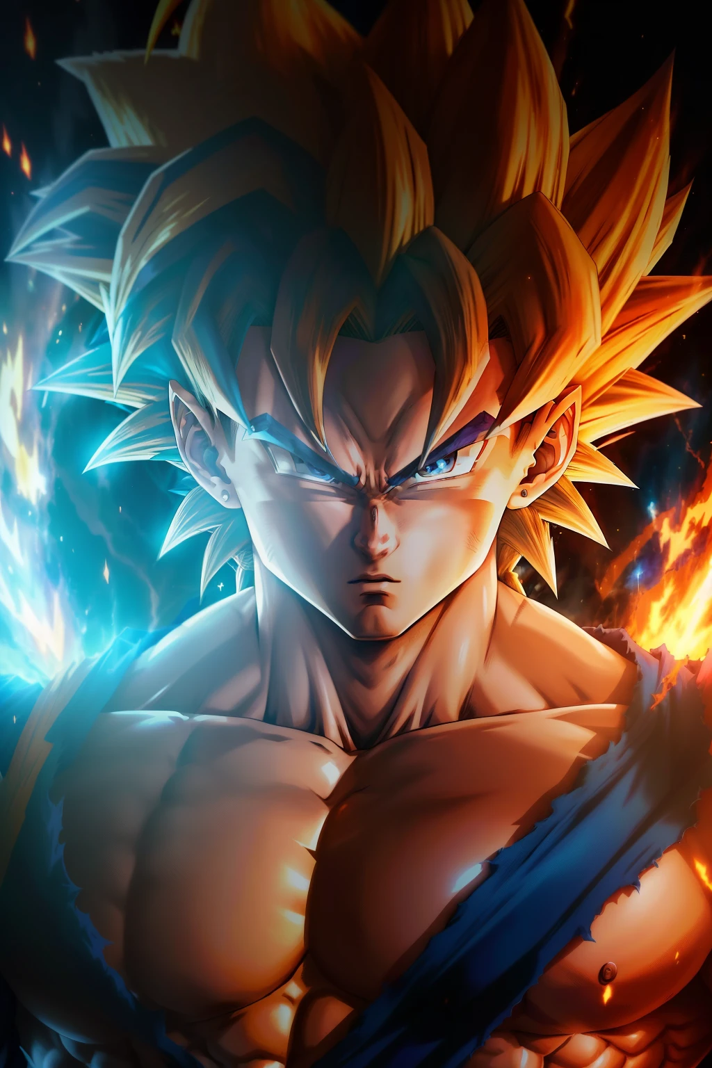 ((Masterpiece)), ((High-definition)), 8K, Ultra-detailed,

A breathtaking image of Gogeta, the fusion of Half Vegeta and Half Goku, from the Dragon Ball Z series, showcasing his Ultra Instinct form. The lighting illuminates his muscular figure, highlights his golden aura, and captures the intricacies of his half-Vegeta, half-Goku features. His piercing blue eyes, a blend of both parents, exude immense power, reflecting the vibrant, intense energy surrounding him. The thick, wavy hair of both Vegeta and Goku flow behind him, merging into a single golden