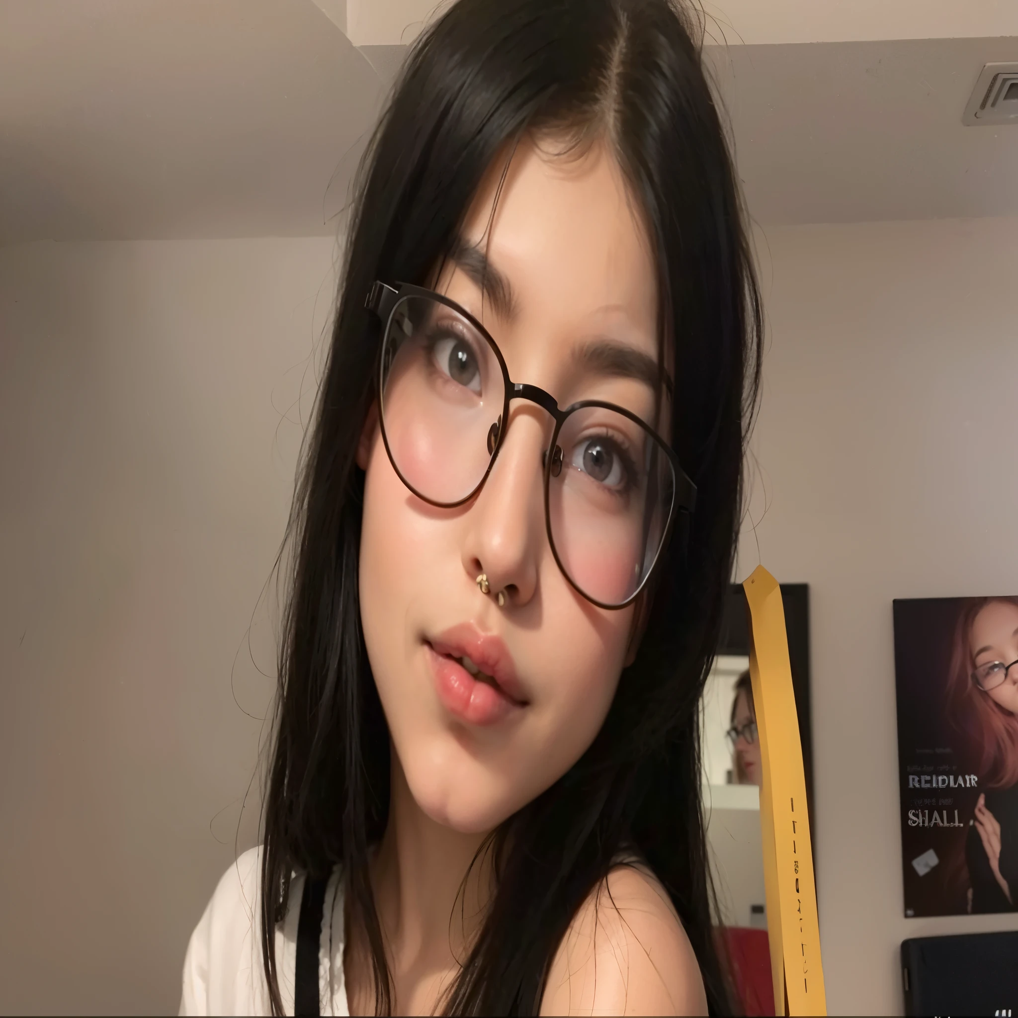there is a girl com glasses and a white shirt posing for a picture, 18 anos de idade, com glasses, de 19 anos, 1 6 anos, usando pequenos glasses redondos, coreana, usando glasses redondos, grandes glasses redondos, girl com glasses, usando glasses redondos grandes e finos, Asian, glasses, glasses de lentes grossas