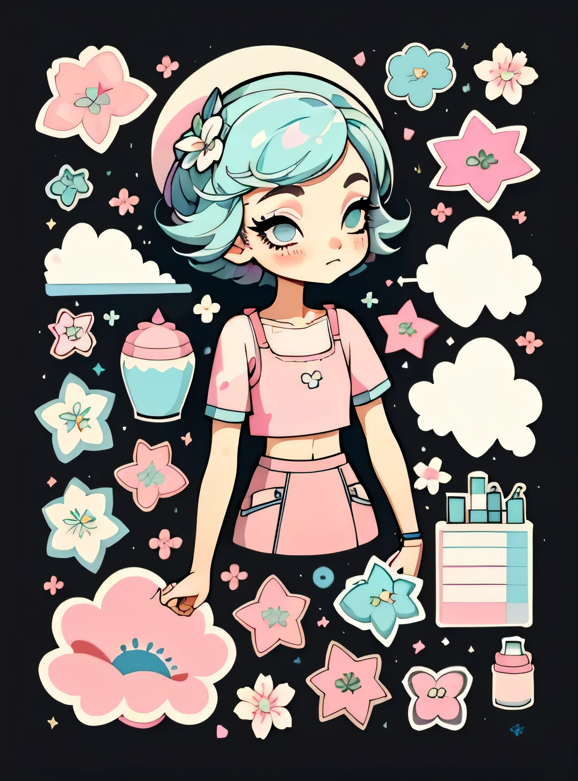 1 adesivo, manual, (uma garota estilosa, modelo, Top rosa, fresco e fresco), fundo preto, fundo simples, minimum, elementos de maquiagem, Flores, cap, Bonitinho, pequeno, cor pastel, estilo vetorial, sem gradiente,sorridente