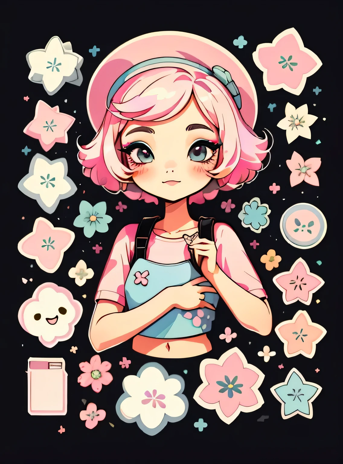 1 adesivo, manual, (uma garota estilosa, modelo, Top rosa, fresco e fresco), fundo preto, fundo simples, minimum, elementos de maquiagem, Flores, cap, Bonitinho, pequeno, cor pastel, estilo vetorial, sem gradiente，sorridente