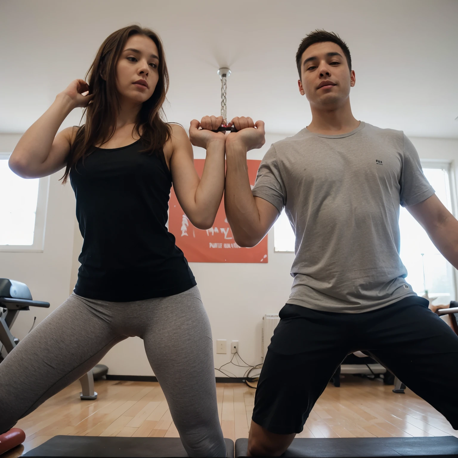 I want a couple doing physical exercises for each specific body part, e explicando como se fosse uma aula