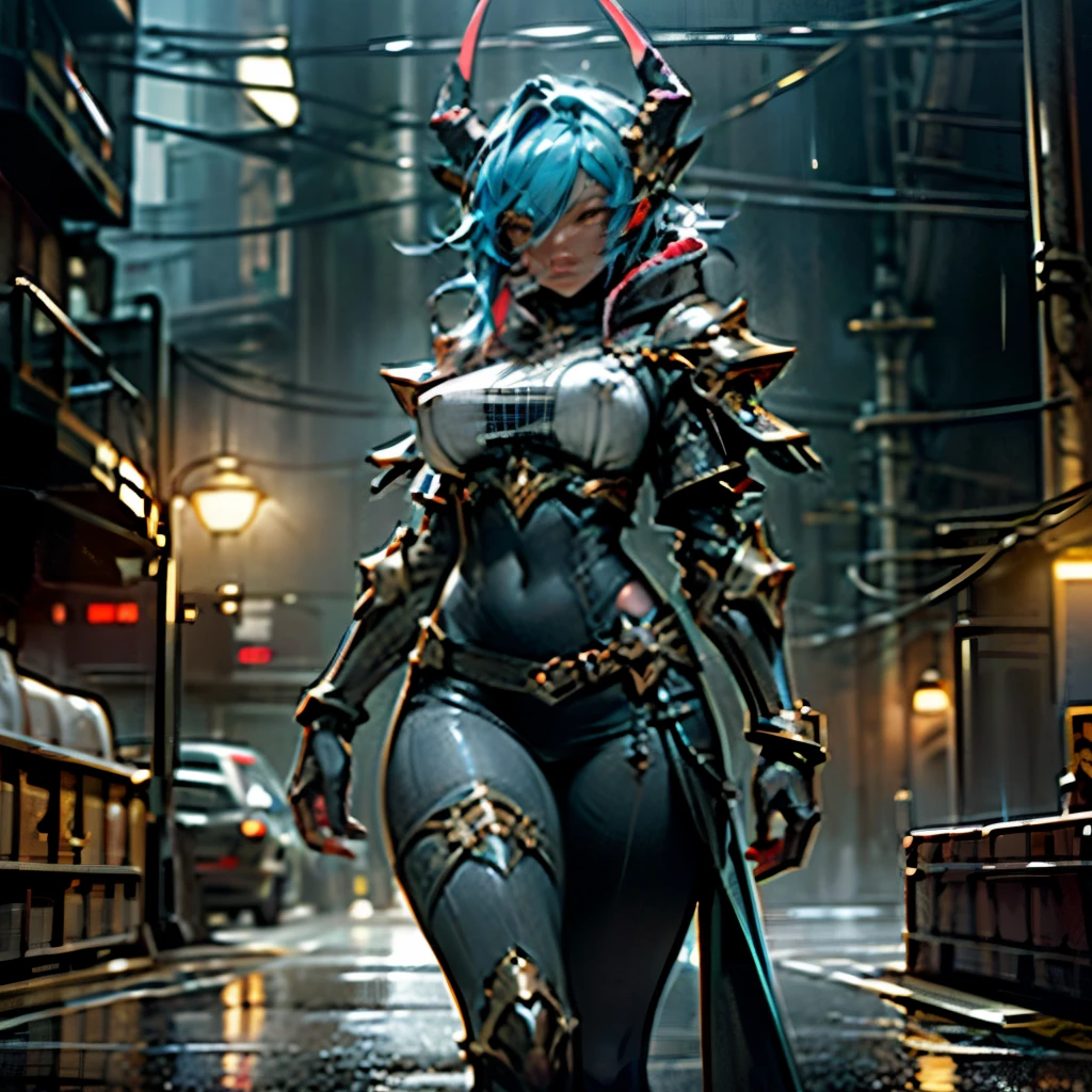 Black Female demon with horns, carrying a huge flaming sword, ((black colour skin: 1,5)), symetrical face, detailed face, ((vivid blue hair)), red tattoos, tattoos on entire body, visible nipples, ((gigantic naked breasts: 2,0)), huge naked breasts, ((extremely big sagging oversized breasts: 2,0)), very natural naked breasts, ((extra wide heavy breasts: 1,8)), ((walking in heavy rain)), ((walking in dark cyberpunk streets)), intricate golden chest armour, golden shin armour, the biggest possible tits, night light, ((thunderstorm: 1,6)), ((lightning: 1,7)), spaceships flying in the sky, Deep shadows, side lighting, ((masterpiece)), ((Highest quality)), camera on the floor level, cinematic shot, photorealistic,