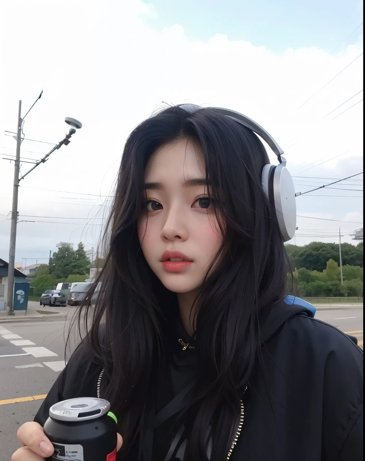 mulher arafed com fones de ouvido segurando uma lata de refrigerante, coreana, Ulzzang, young adorable korean face, Mulher sul-coreana bonita, wan adorable korean face, korean face features, Asian girl with long hair, Mulher coreana, Jaeyeon Nam, mulher coreana jovem bonita, cruel korean goth girl, de cabelo preto vestindo capuz, pale round face, com rosto redondo