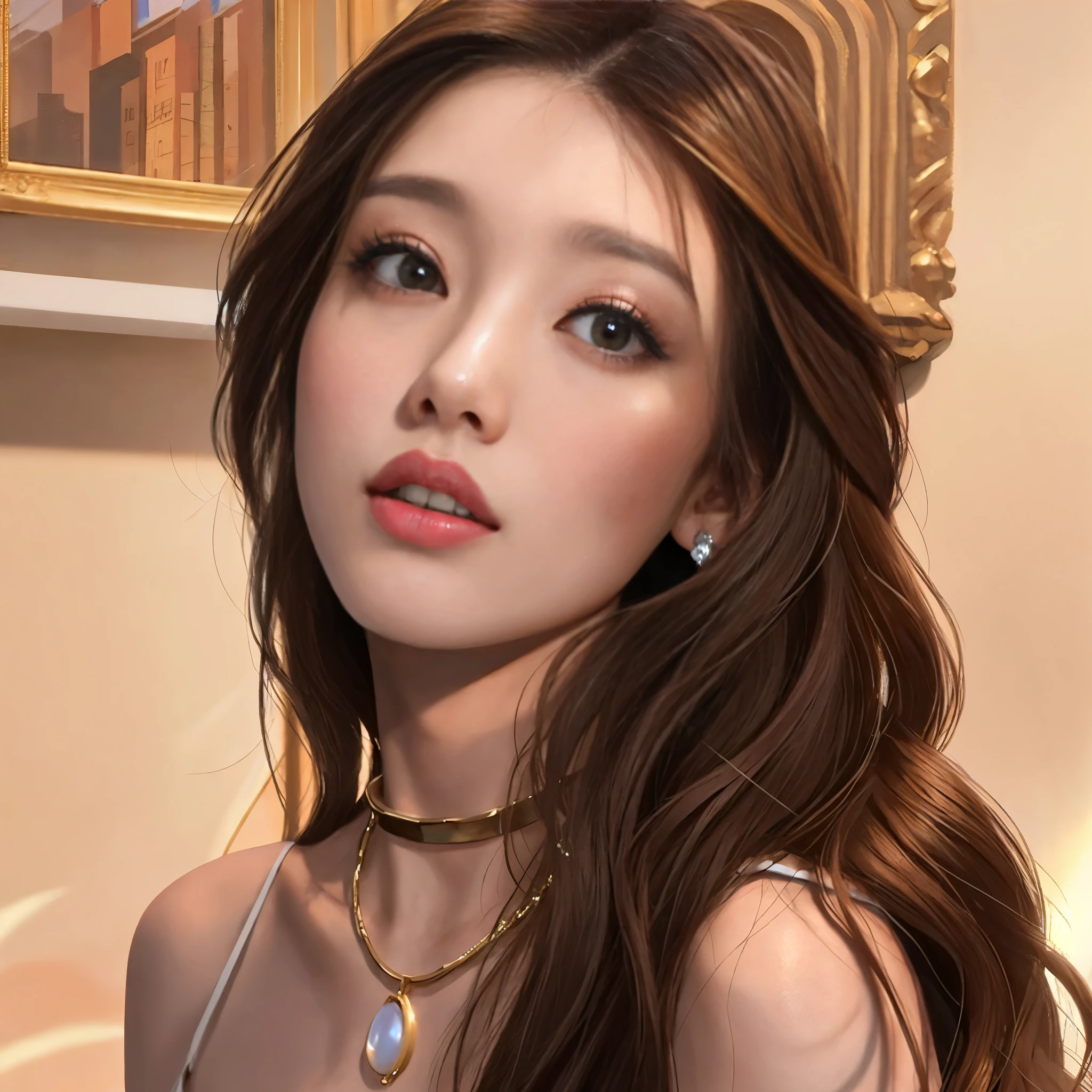 um close up de uma mulher com cabelos longos usando um colar, Retrato de Sophie Mudd,  with a pearl earring,  de 19 anos, 18 anos de idade, cabelos castanhos e olhos grandes, lorde, olhar sensual, rosto sexy com maquiagem completa, Anna Nikonova aka Newmilky, a cara de absurdamente bela