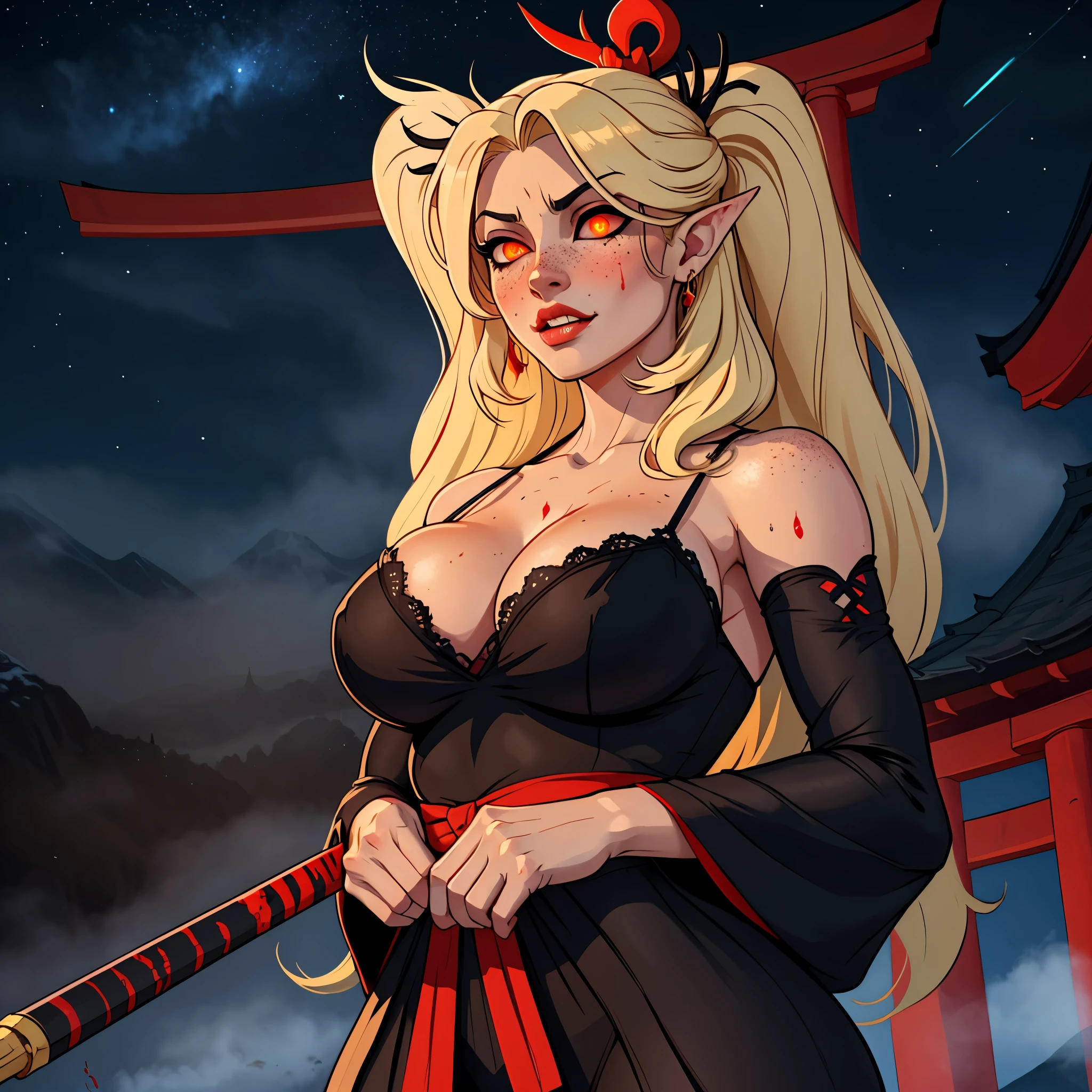 (masterpiece, best quality:1.2), (detailed skin, skin texture), best quality, ((intricate detail:1.2)), highres, black outline, reflective floor, reflective material, monochrome, red, depth of field,
1girl, elf, perfect face, perfect eyes, large breasts, yellow eyes,red eyes, blonde hair, very long twintails,very long hime cut, straight hair, from below, looking at another, crossed legs,on stomach, parted lips, (glowing eyes:1.5),
blush, cleavage, castle, thick thighs, skindentation, see-through, jewelry, beautiful night scenery, night sky, star \(sky\), fantasy castle, village, mountainous horizon, (mist, fog:1.2), red moon, blood moon, blood on face, skindentation, see-through, vampire, fang, miyamoto musashi \(fate\), gold jewelry, eye trails, eye trail, holding naginata, naginata, sweat, revealing clothes, east asian architecture, torii, japanese text, upper body, close-up, see-through, light freckles, whisker markings, spider lily,