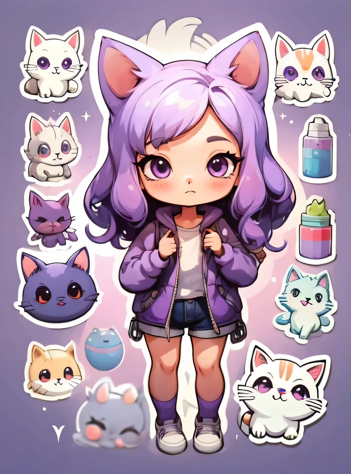 1 garota, fundo simples,3D,mini, corpo todo,cabelo roxo,pano roxo,com um gato