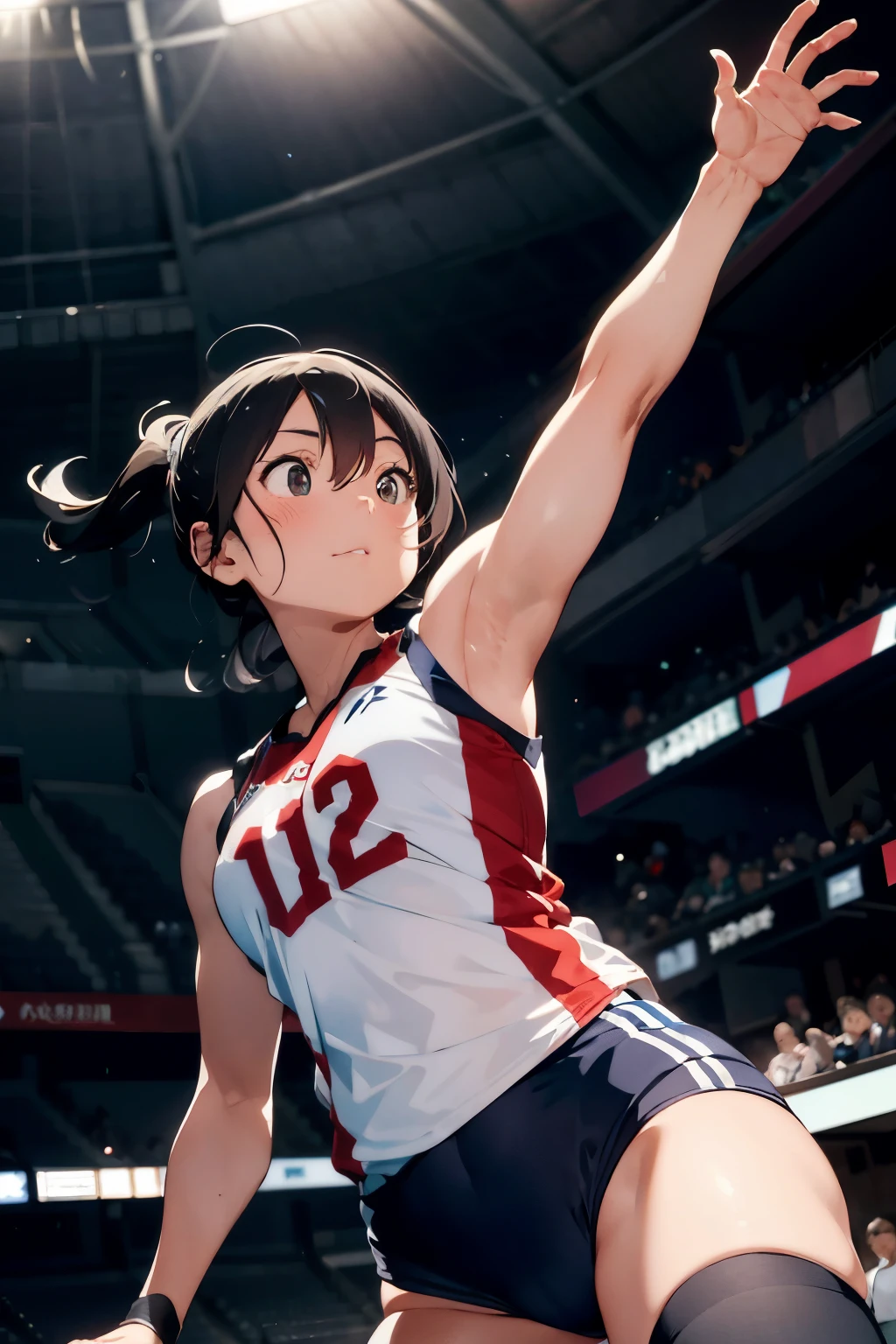 sports photography, female volleyball player soaring above the ground in mid-air, poised to spike the ball with decisive force, captures the essence of japonism influences in its symmetrical composition, an iconic moment frozen in time with a tattoopunk edge, audiences on the edge of their seats, volleyball cup tournament in full swing, gender bending gender roles with a defiant grace, reminiscent of Neil Leiffer's groundbreaking works, high-speed Phantom camera captures dynamic action and movement in exquisite detail, perfect lighting illuminates the well-defined muscles and veins, wide aspect ratio 7:5, high resolution S2 enhances every detail.