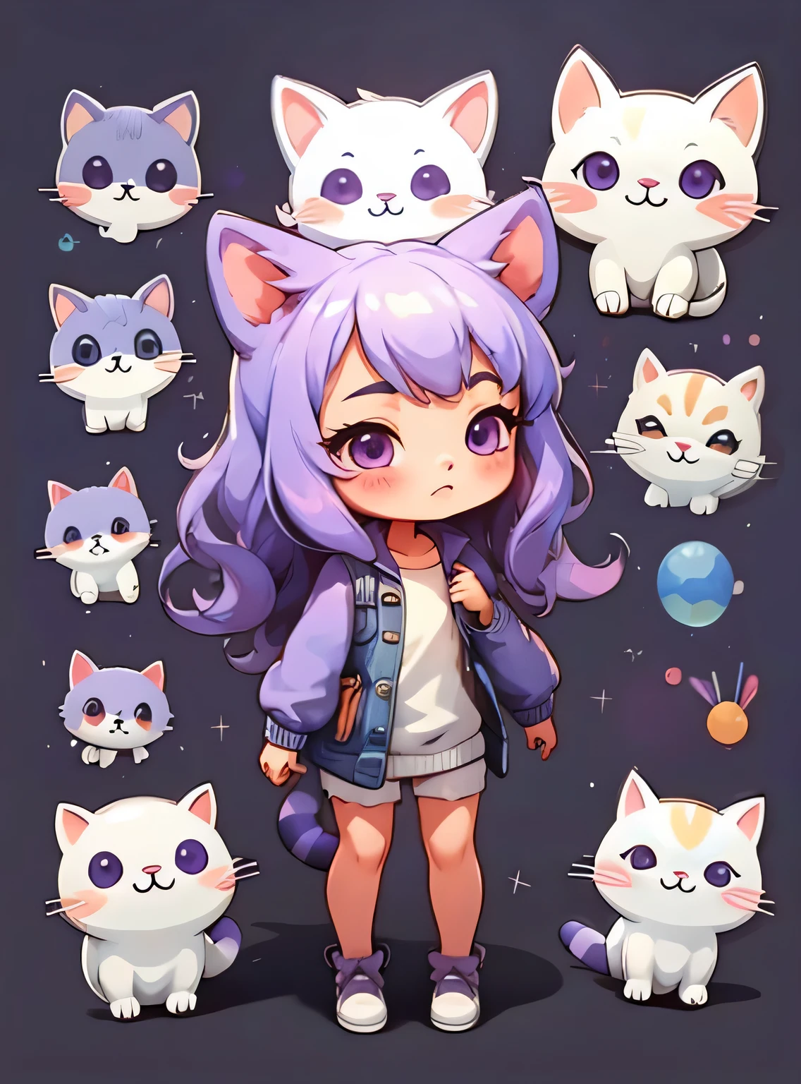 1 garota, fundo simples,3D,mini, corpo todo,cabelo roxo,pano roxo,com um gato
